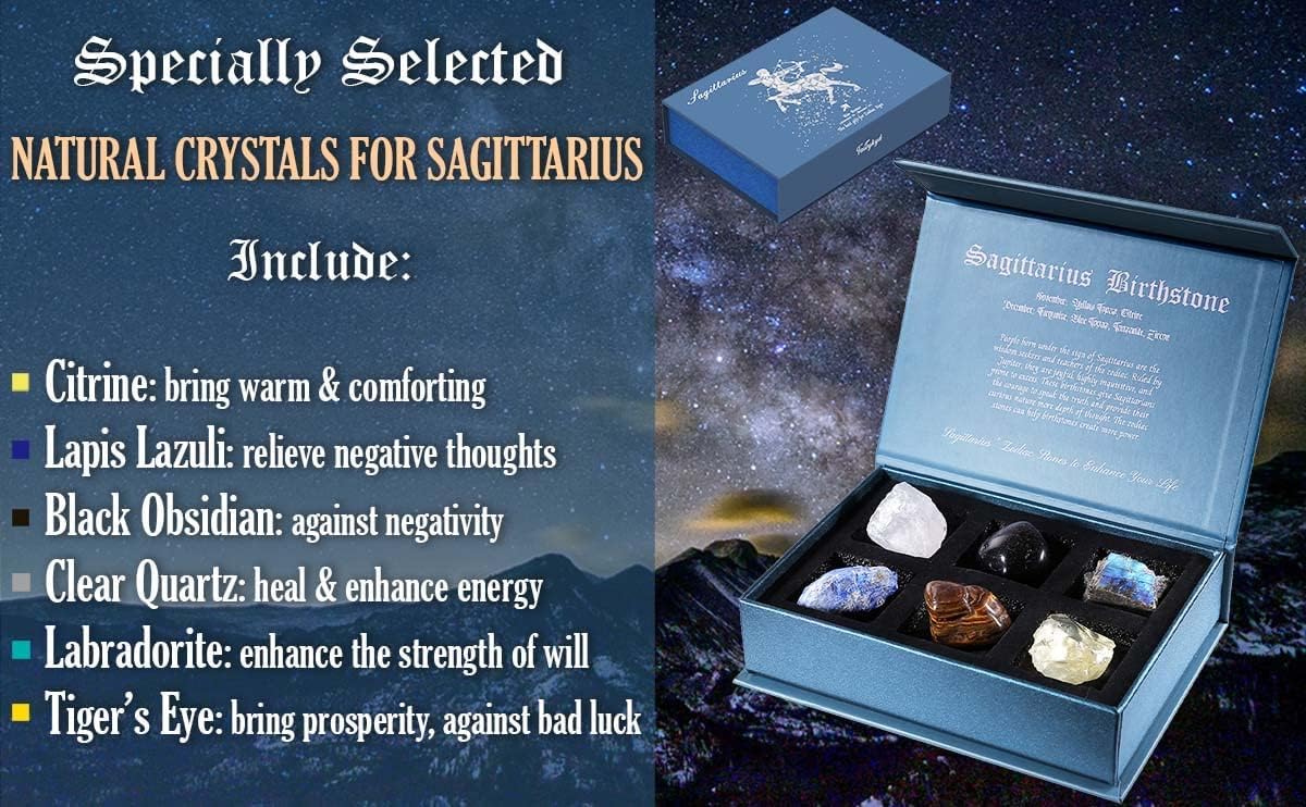 Birthday Crystals Gifts - 6 Zodiac Healing Stones w/ 50 Miracle Mantras Affirmation Cards, Spiritual Gifts for Positive Energy, Self-Care, Love & Wealth