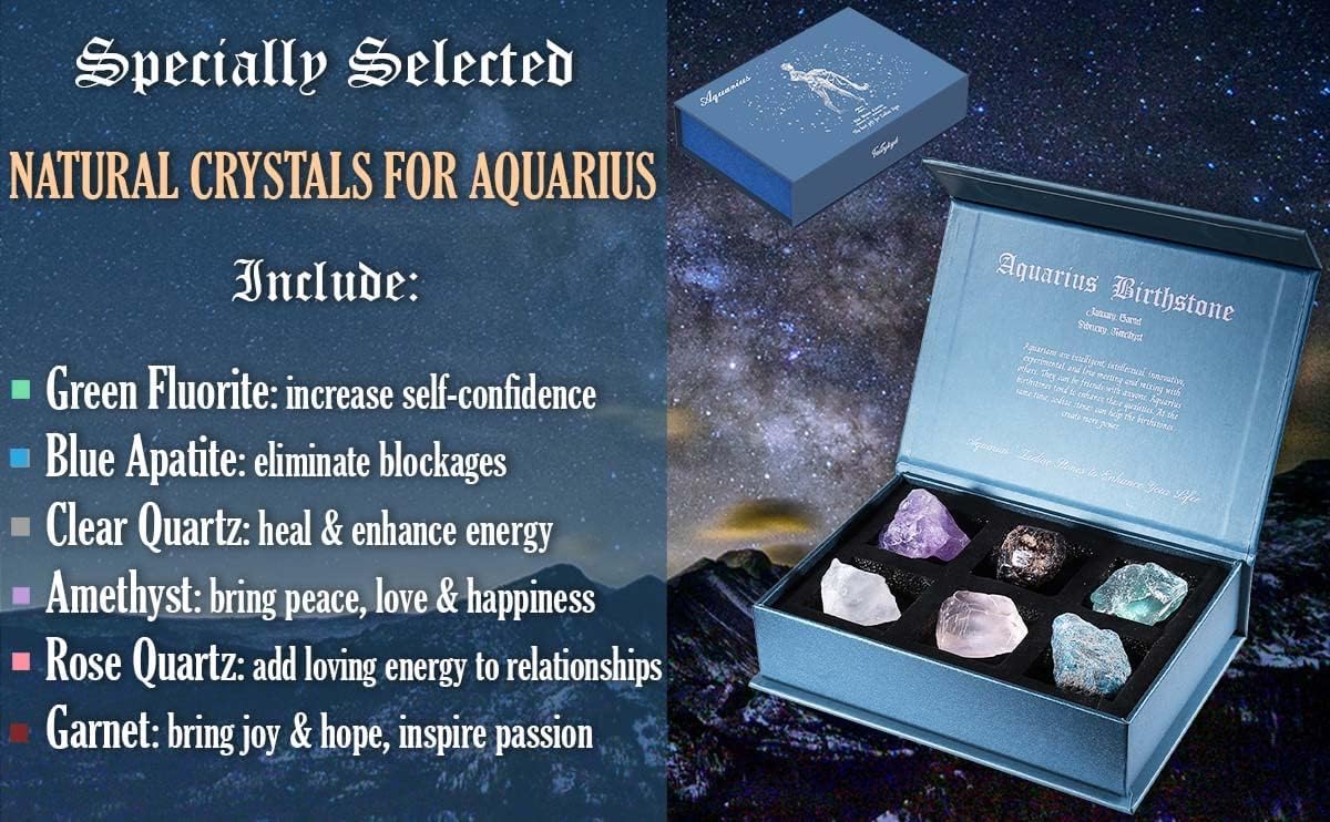 Birthday Crystals Gifts - 6 Zodiac Healing Stones w/ 50 Miracle Mantras Affirmation Cards, Spiritual Gifts for Positive Energy, Self-Care, Love & Wealth
