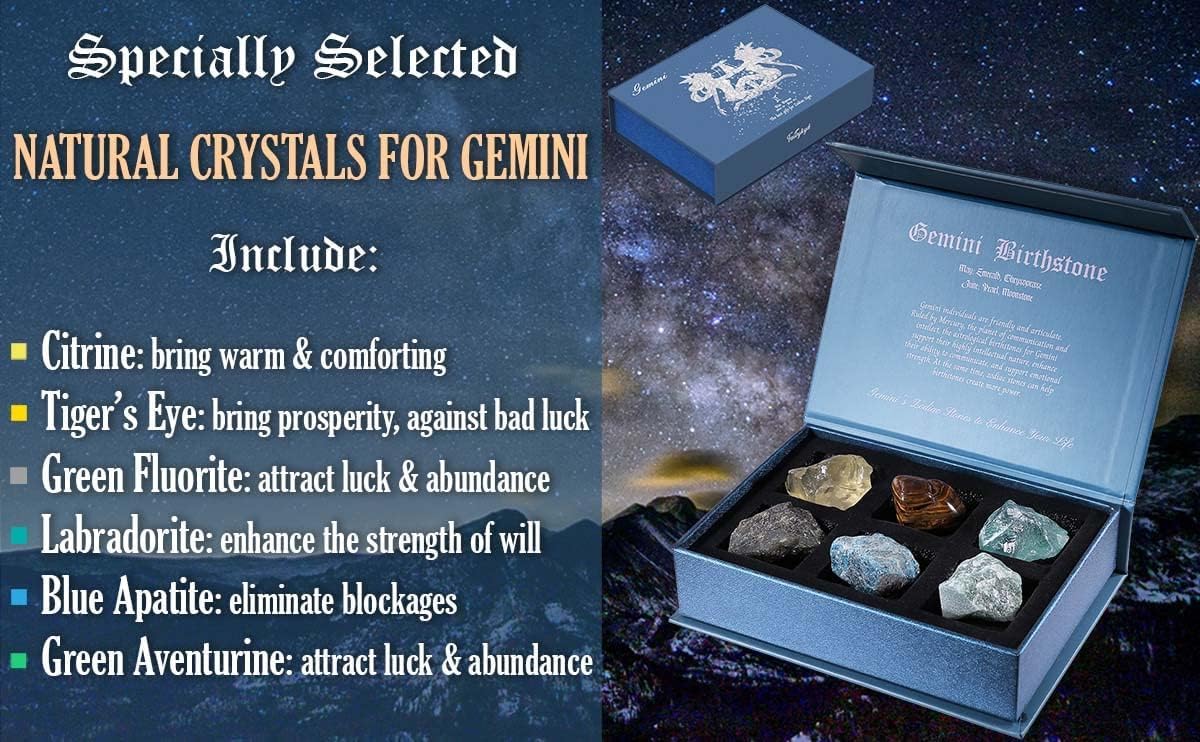 Birthday Crystals Gifts - 6 Zodiac Healing Stones w/ 50 Miracle Mantras Affirmation Cards, Spiritual Gifts for Positive Energy, Self-Care, Love & Wealth