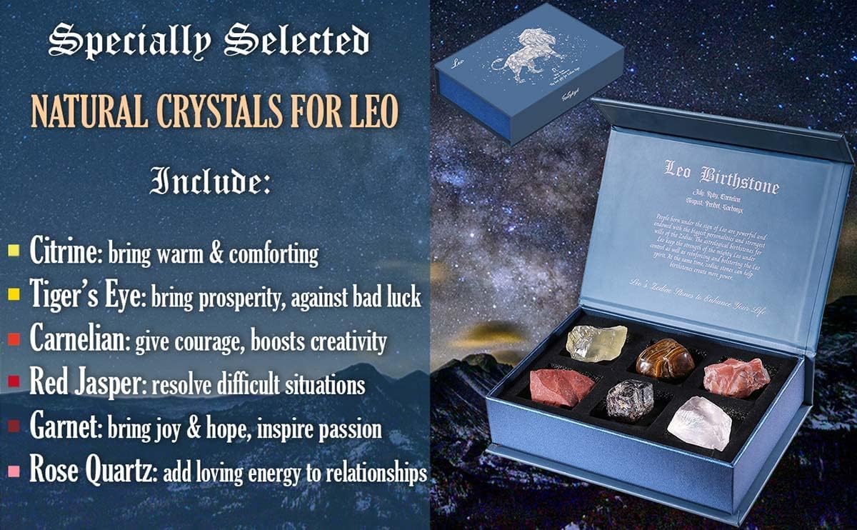 Birthday Crystals Gifts - 6 Zodiac Healing Stones w/ 50 Miracle Mantras Affirmation Cards, Spiritual Gifts for Positive Energy, Self-Care, Love & Wealth