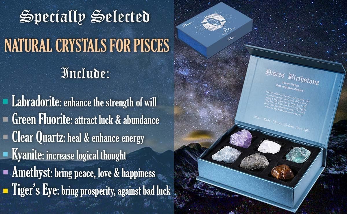 Birthday Crystals Gifts - 6 Zodiac Healing Stones w/ 50 Miracle Mantras Affirmation Cards, Spiritual Gifts for Positive Energy, Self-Care, Love & Wealth