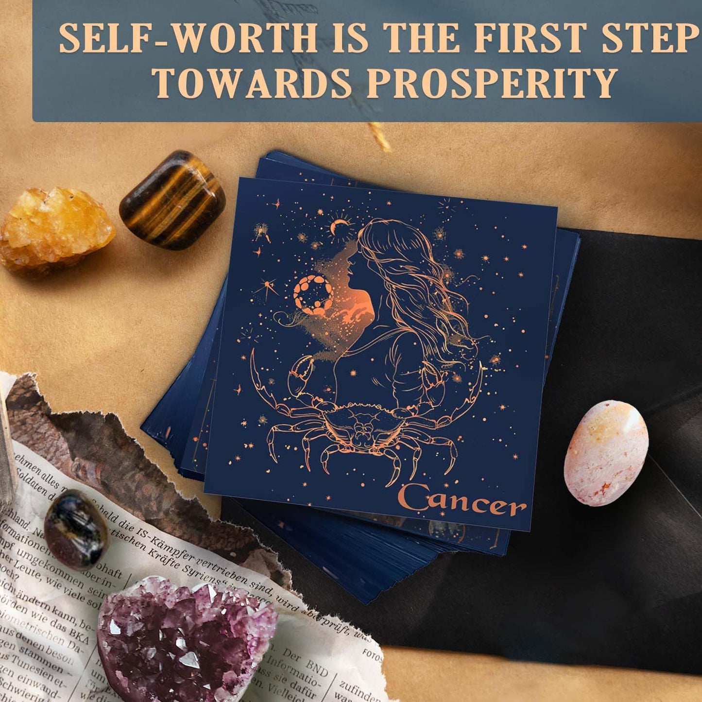 Birthday Crystals Gifts - 6 Zodiac Healing Stones w/ 50 Miracle Mantras Affirmation Cards, Spiritual Gifts for Positive Energy, Self-Care, Love & Wealth