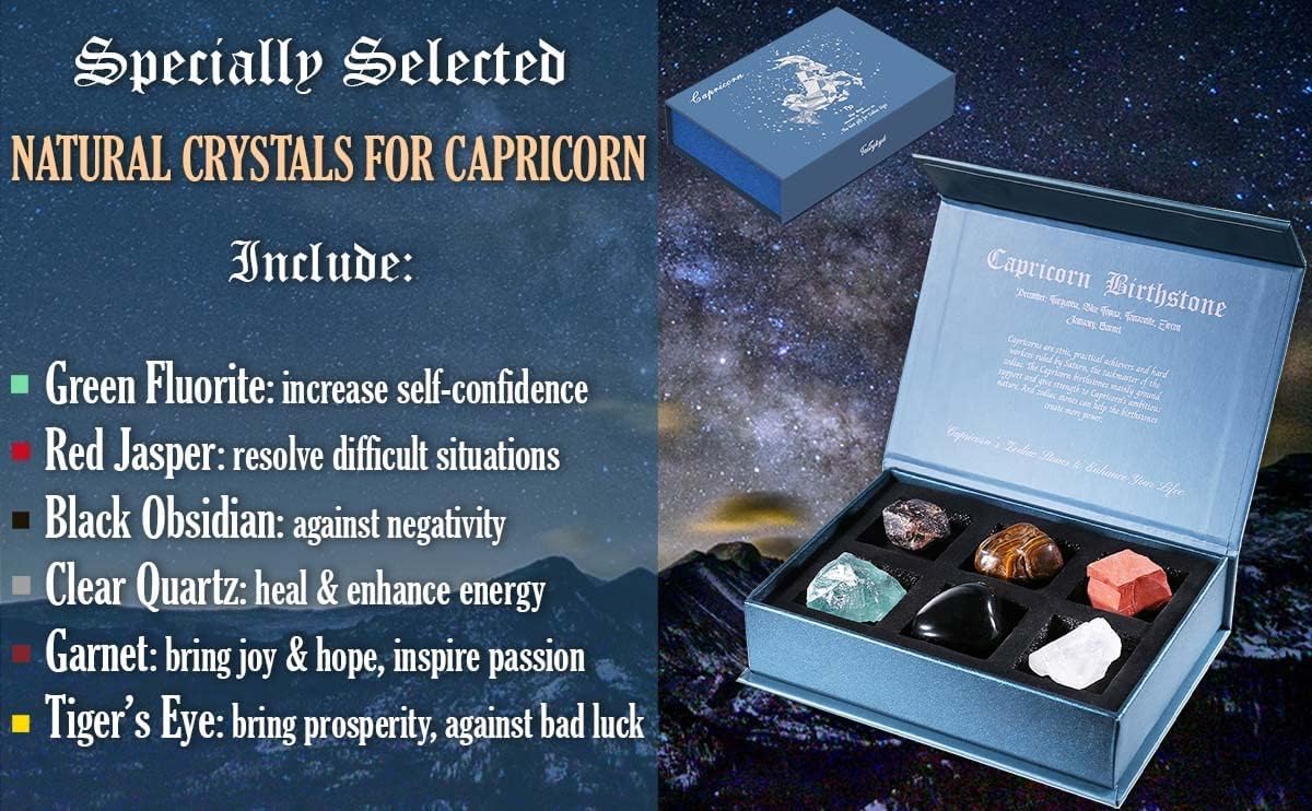 Birthday Crystals Gifts - 6 Zodiac Healing Stones w/ 50 Miracle Mantras Affirmation Cards, Spiritual Gifts for Positive Energy, Self-Care, Love & Wealth