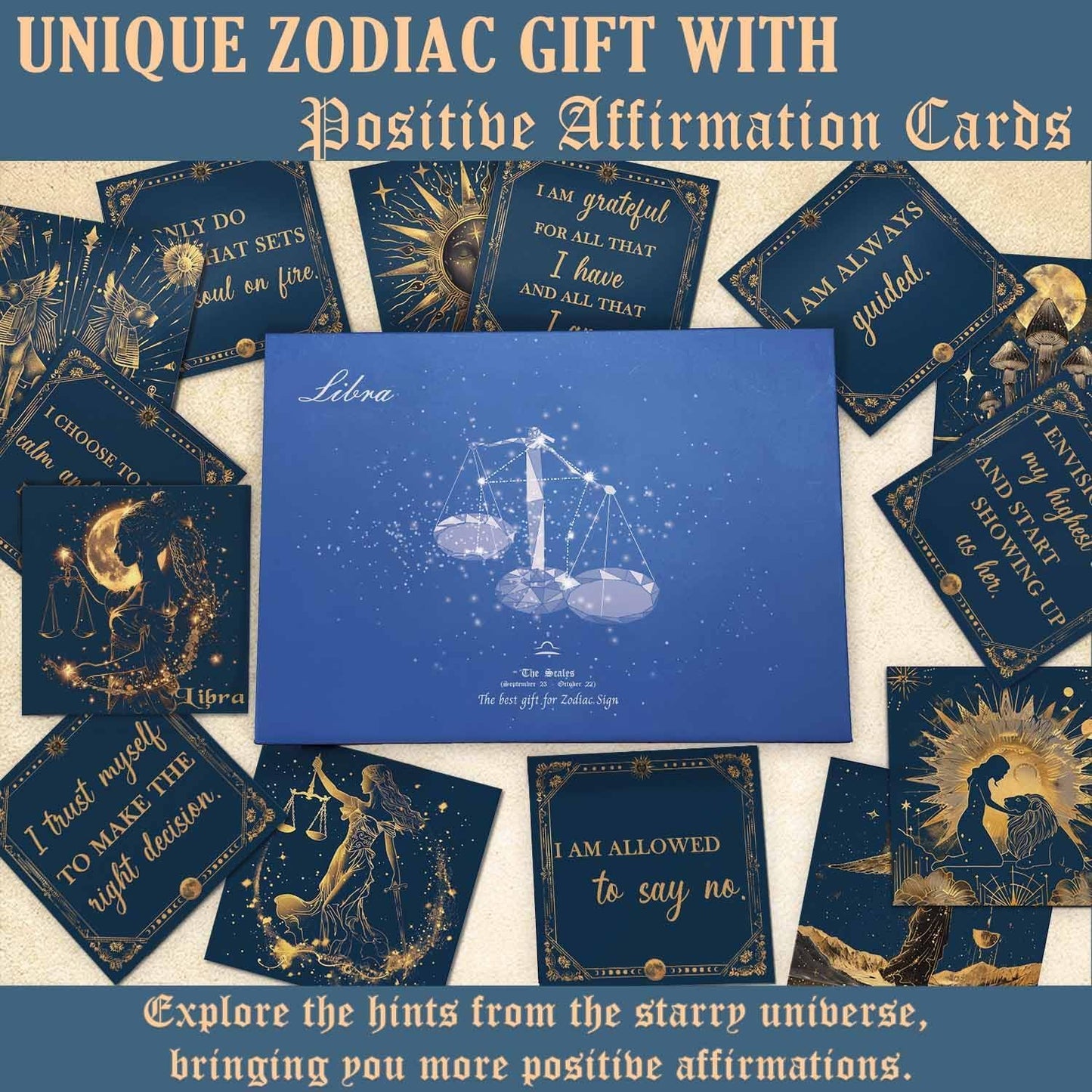Birthday Crystals Gifts - 6 Zodiac Healing Stones w/ 50 Miracle Mantras Affirmation Cards, Spiritual Gifts for Positive Energy, Self-Care, Love & Wealth
