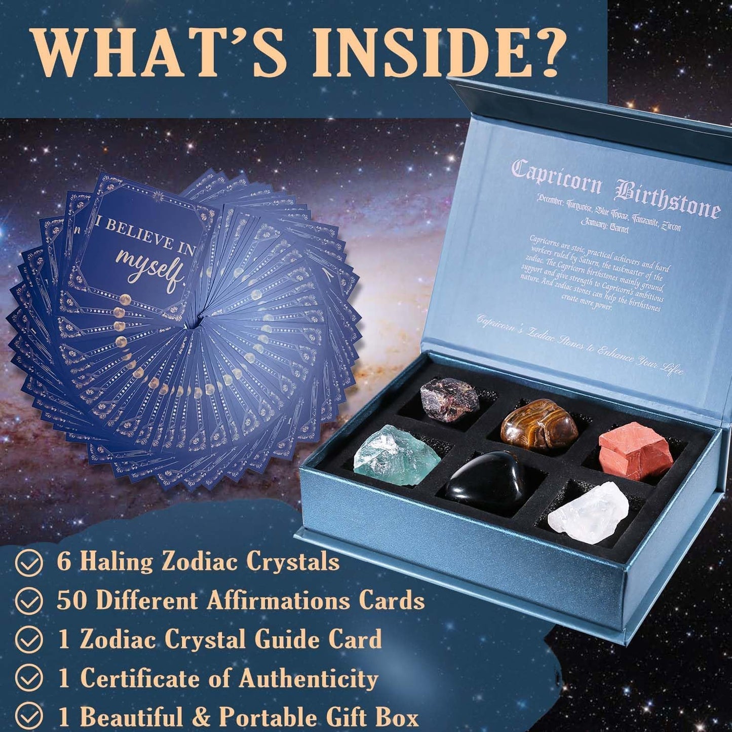 Birthday Crystals Gifts - 6 Zodiac Healing Stones w/ 50 Miracle Mantras Affirmation Cards, Spiritual Gifts for Positive Energy, Self-Care, Love & Wealth