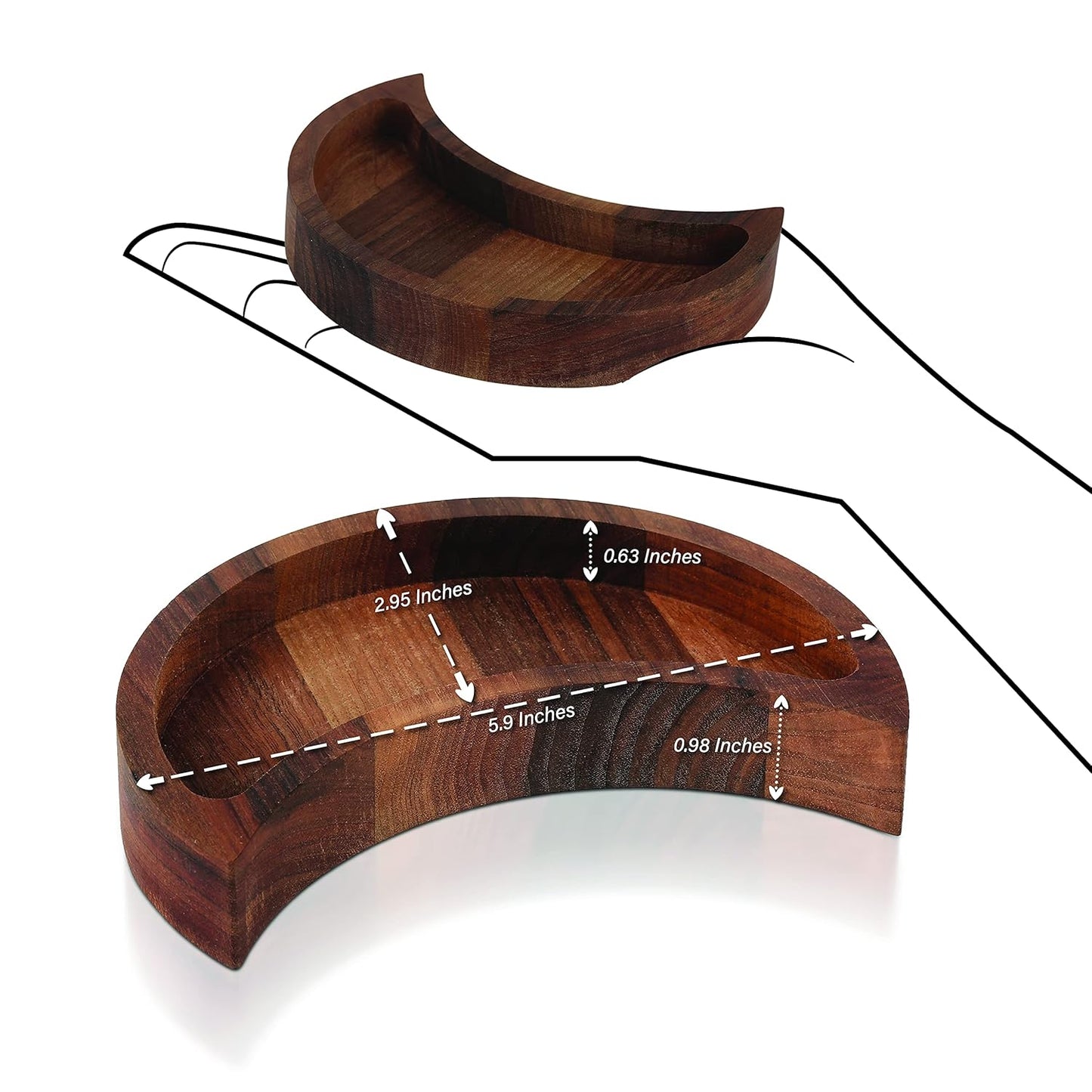 CurawWood Crescent Moon Walnut Tray – Wooden Crystal Display & Charging Dish for Gems (6” x 3”)