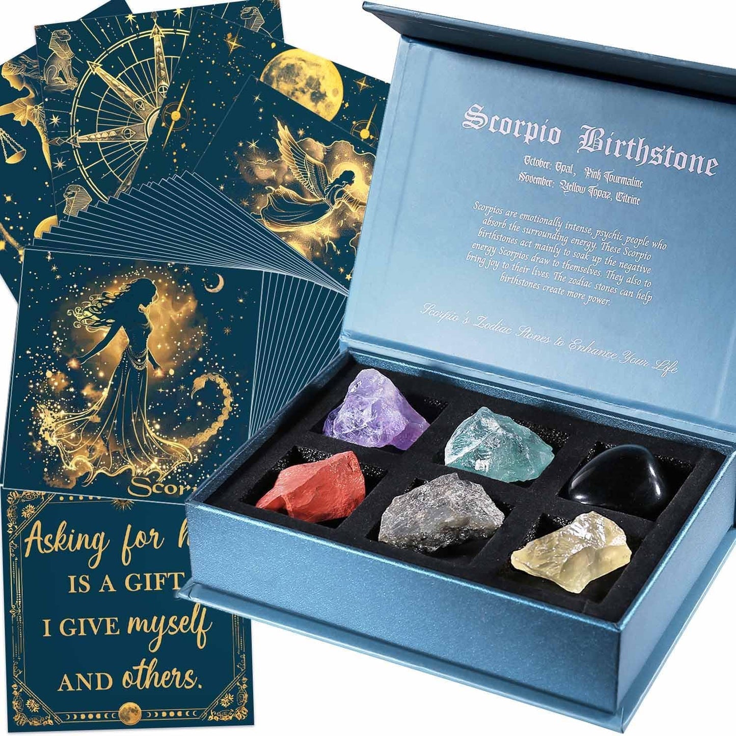 Birthday Crystals Gifts - 6 Zodiac Healing Stones w/ 50 Miracle Mantras Affirmation Cards, Spiritual Gifts for Positive Energy, Self-Care, Love & Wealth