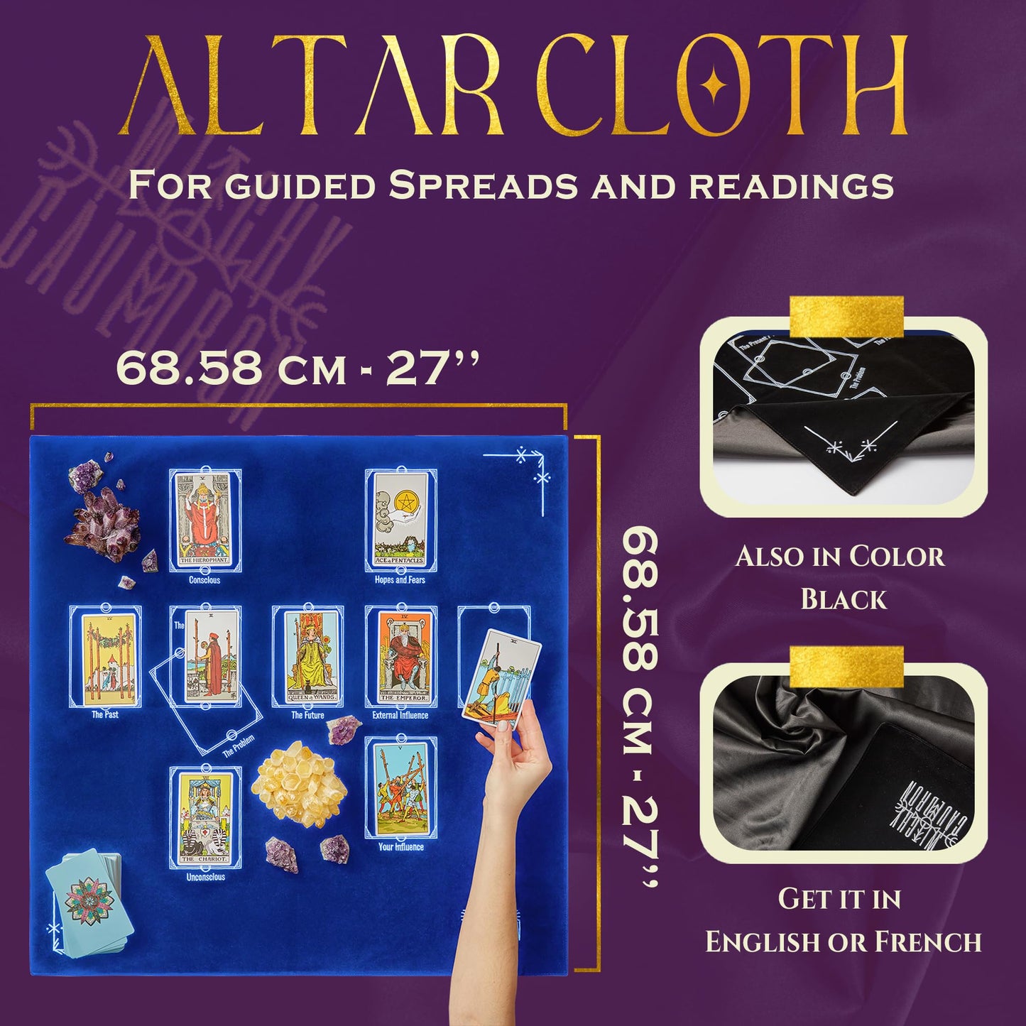 Tarot Cloth for Reading - Embroidered Velvet Altar Cloth with Celtic Cross Spread Guide, 10 Numbered Card Positions, 27x27 Inch Divination Table Cloth, Witchy Tarot Mat for Beginners & Readers (Black)