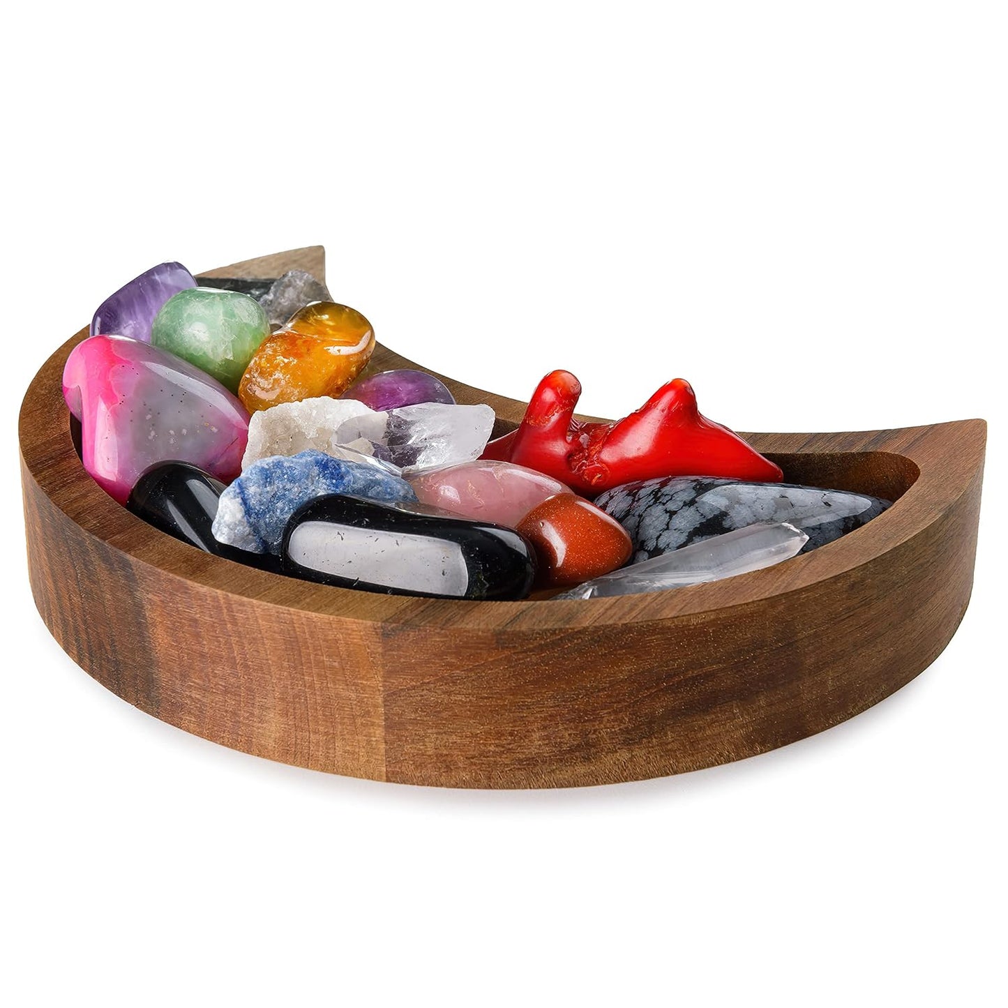 CurawWood Crescent Moon Walnut Tray – Wooden Crystal Display & Charging Dish for Gems (6” x 3”)