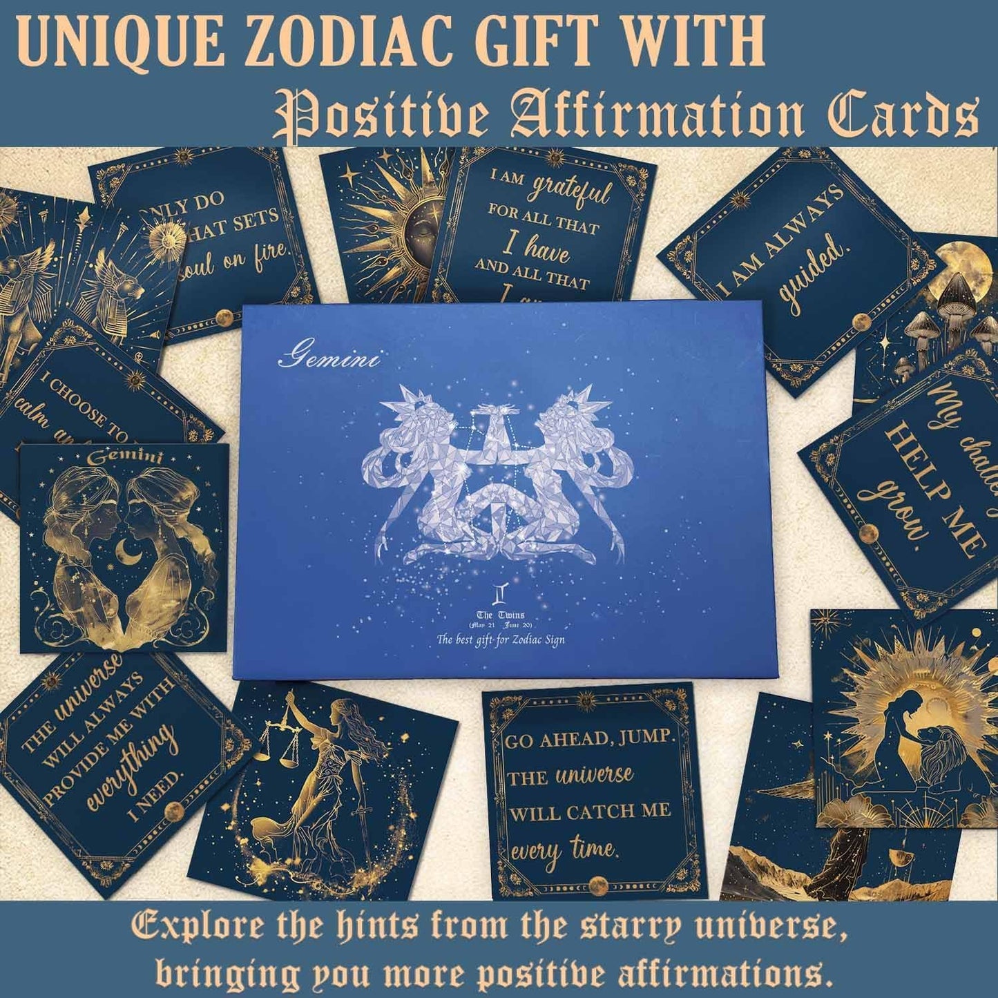 Birthday Crystals Gifts - 6 Zodiac Healing Stones w/ 50 Miracle Mantras Affirmation Cards, Spiritual Gifts for Positive Energy, Self-Care, Love & Wealth