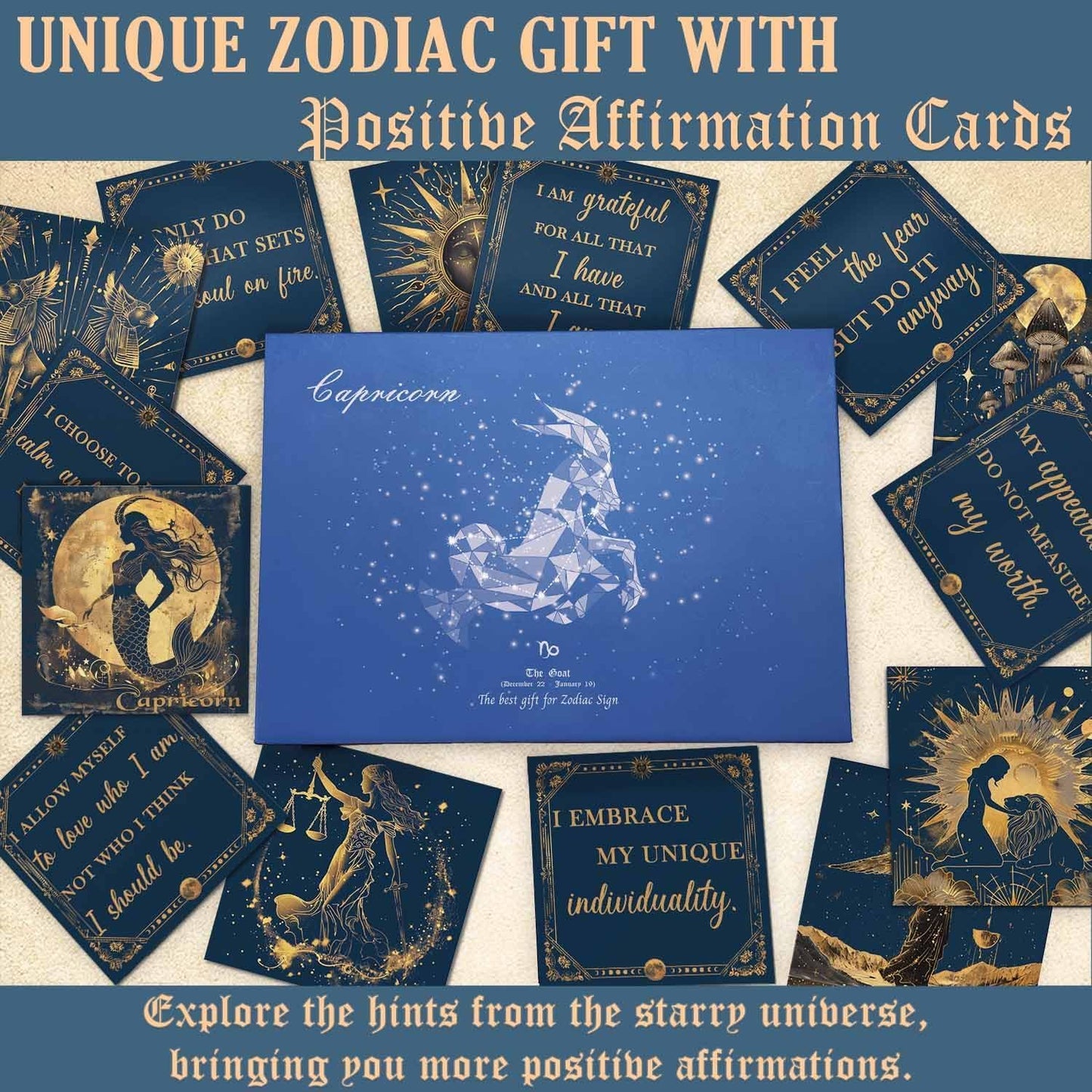 Birthday Crystals Gifts - 6 Zodiac Healing Stones w/ 50 Miracle Mantras Affirmation Cards, Spiritual Gifts for Positive Energy, Self-Care, Love & Wealth