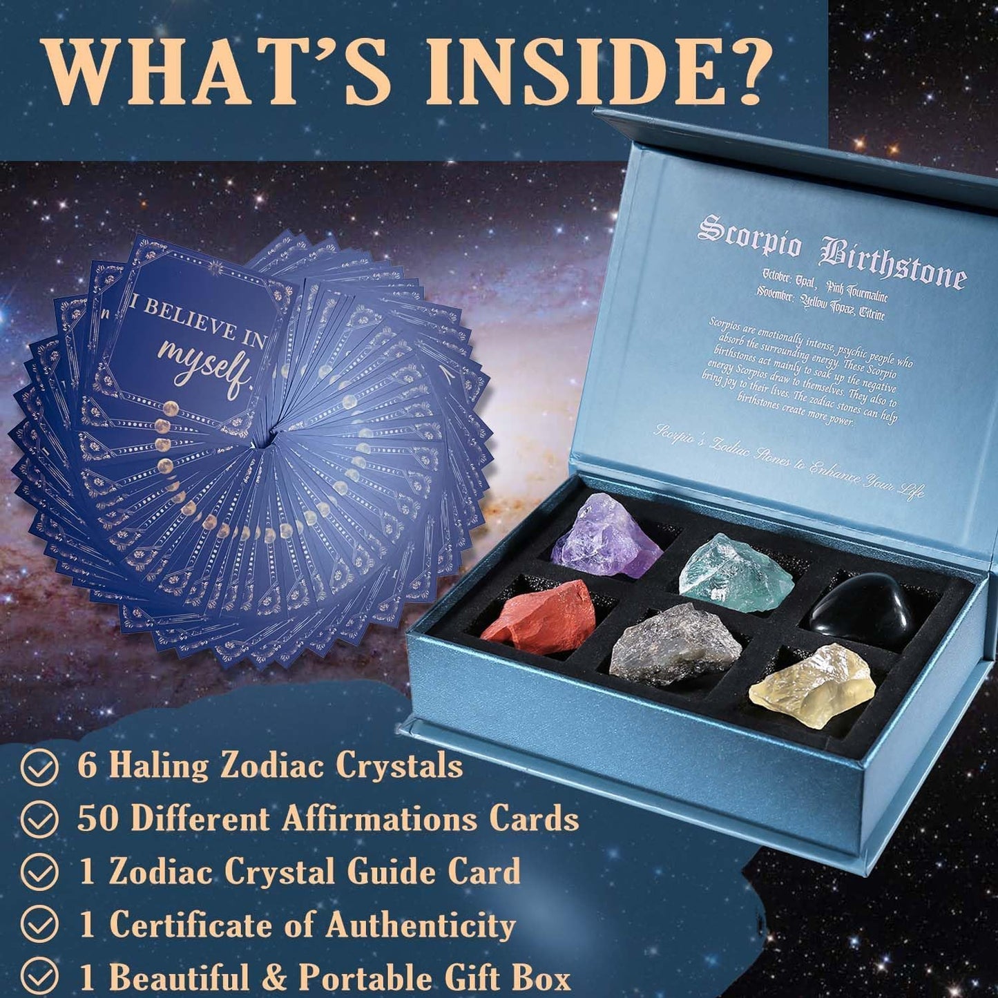 Birthday Crystals Gifts - 6 Zodiac Healing Stones w/ 50 Miracle Mantras Affirmation Cards, Spiritual Gifts for Positive Energy, Self-Care, Love & Wealth