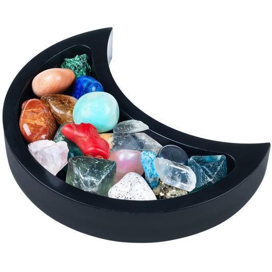 Curawood Crescent Moon Tray - Showcase Your Gems, Healing Stones & Treasures - 6"x3" Wooden Crystal Display Tray, Crystal Holder for Stones Display Shelf, Gemstone Rock Holder Charging Bowl, Black, S