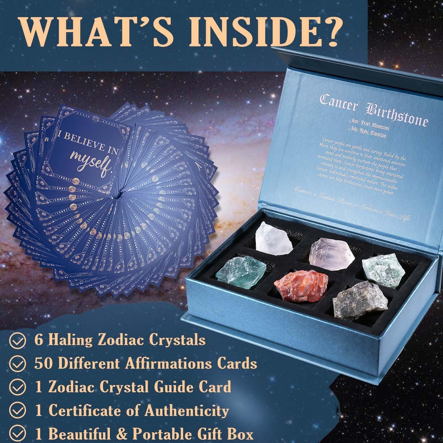 Birthday Crystals Gifts - 6 Zodiac Healing Stones w/ 50 Miracle Mantras Affirmation Cards, Spiritual Gifts for Positive Energy, Self-Care, Love & Wealth