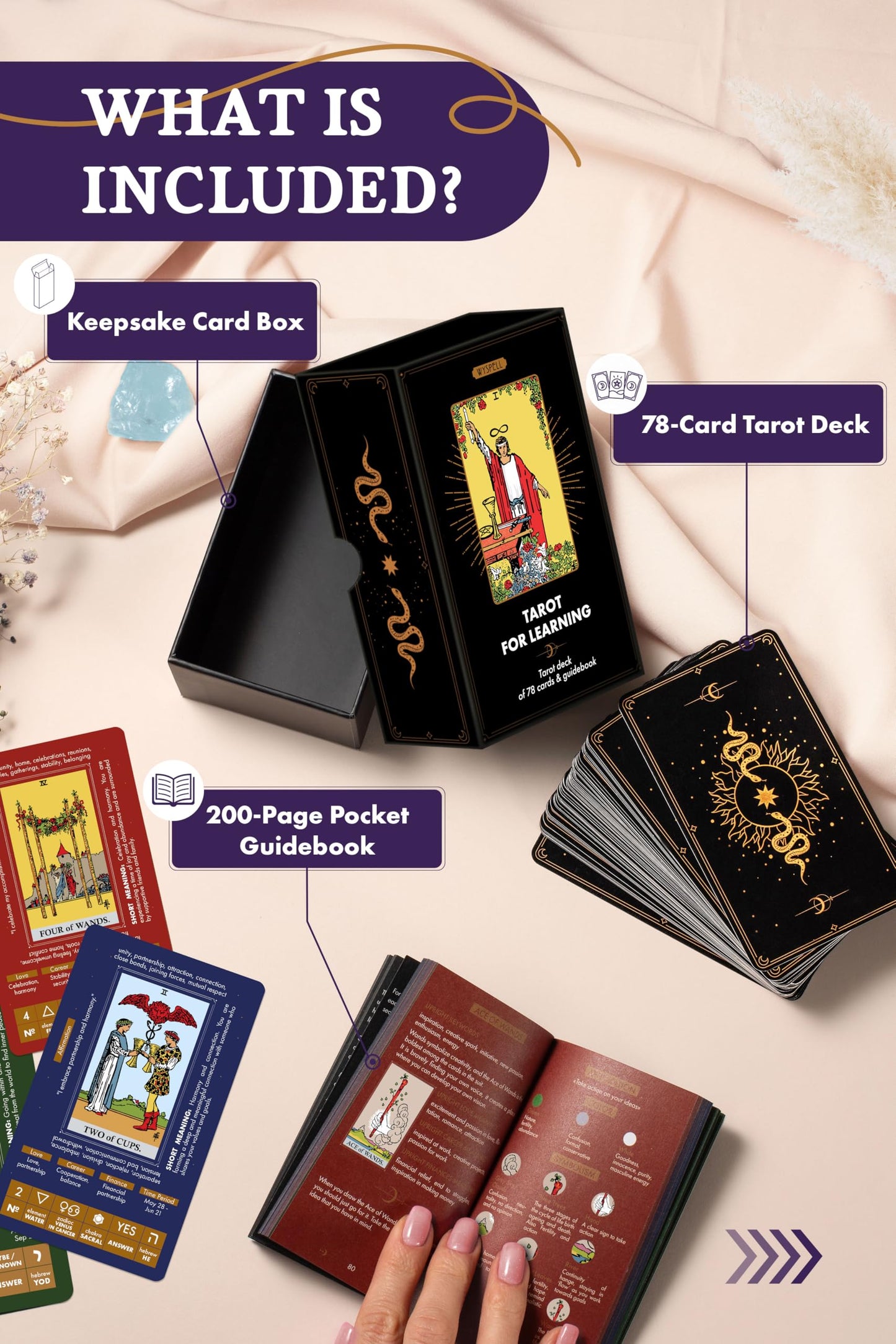 Wyspell Classic Tarot Cards for Beginners - Original Tarot Cards with Guide Book - Beginner Friendly - Traditional Tarot Deck (Dark)