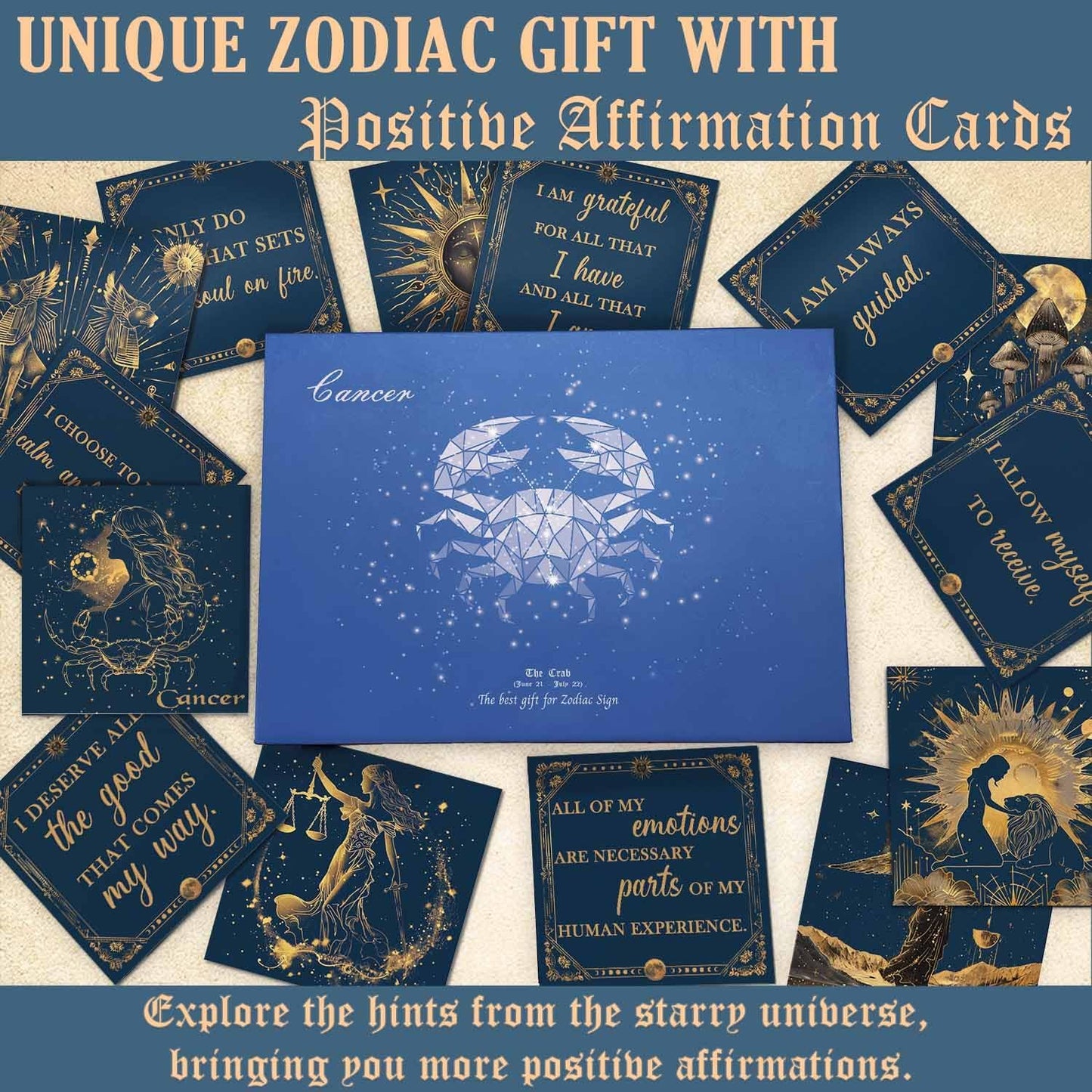 Birthday Crystals Gifts - 6 Zodiac Healing Stones w/ 50 Miracle Mantras Affirmation Cards, Spiritual Gifts for Positive Energy, Self-Care, Love & Wealth