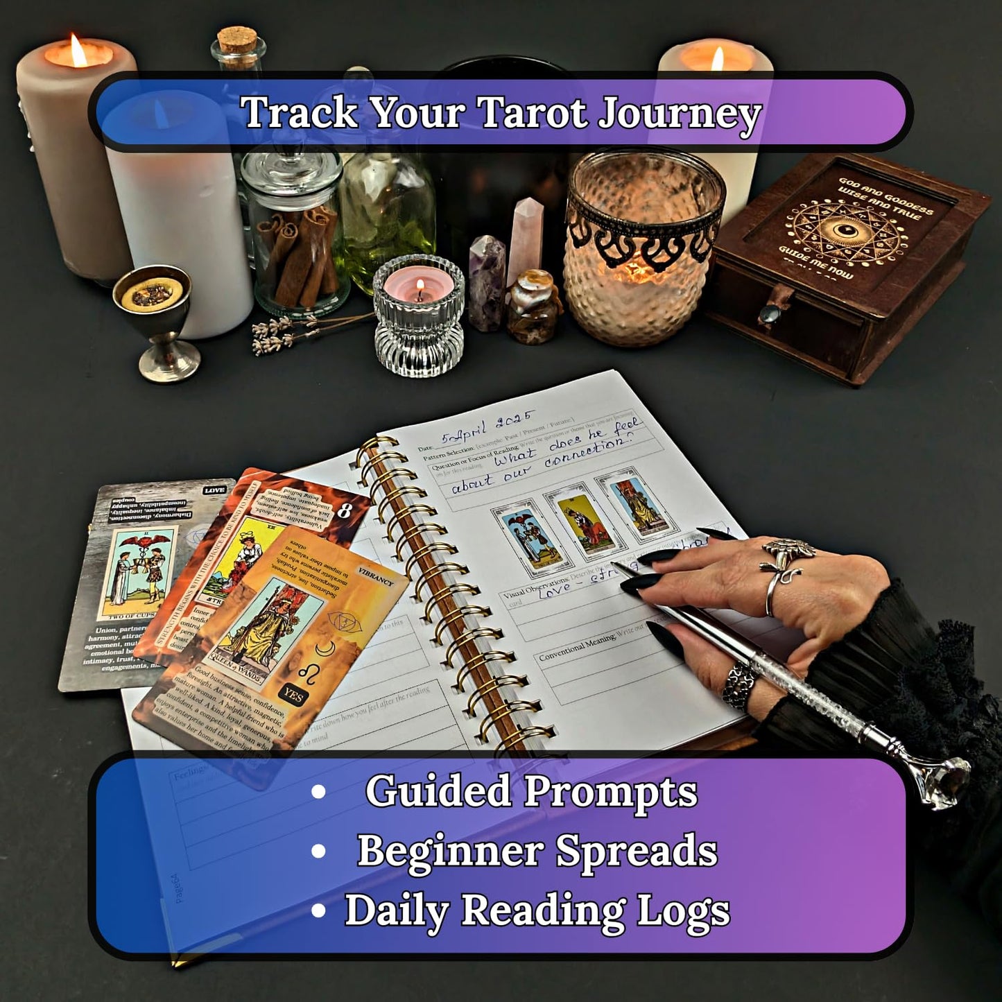 Witchy Cauldron Tarot Learning Set for Beginners: Learning Cards for Beginners, Satin Deck Holder and Journal for with Raider Waite (Blue)