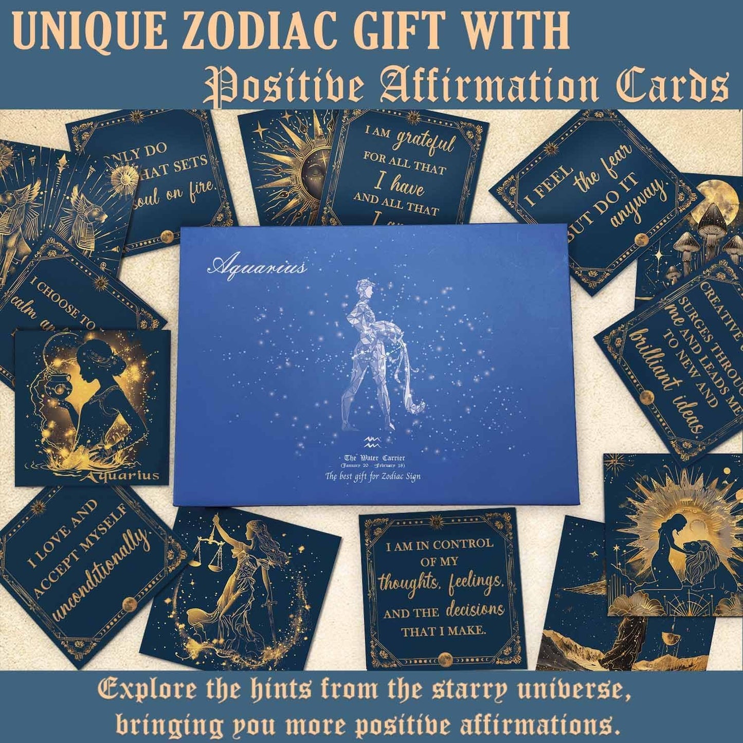 Birthday Crystals Gifts - 6 Zodiac Healing Stones w/ 50 Miracle Mantras Affirmation Cards, Spiritual Gifts for Positive Energy, Self-Care, Love & Wealth