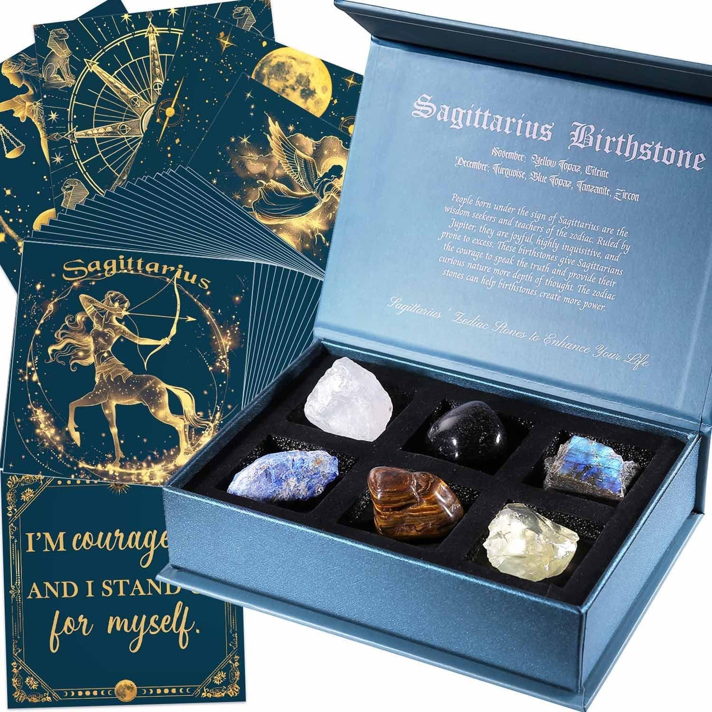 Birthday Crystals Gifts - 6 Zodiac Healing Stones w/ 50 Miracle Mantras Affirmation Cards, Spiritual Gifts for Positive Energy, Self-Care, Love & Wealth