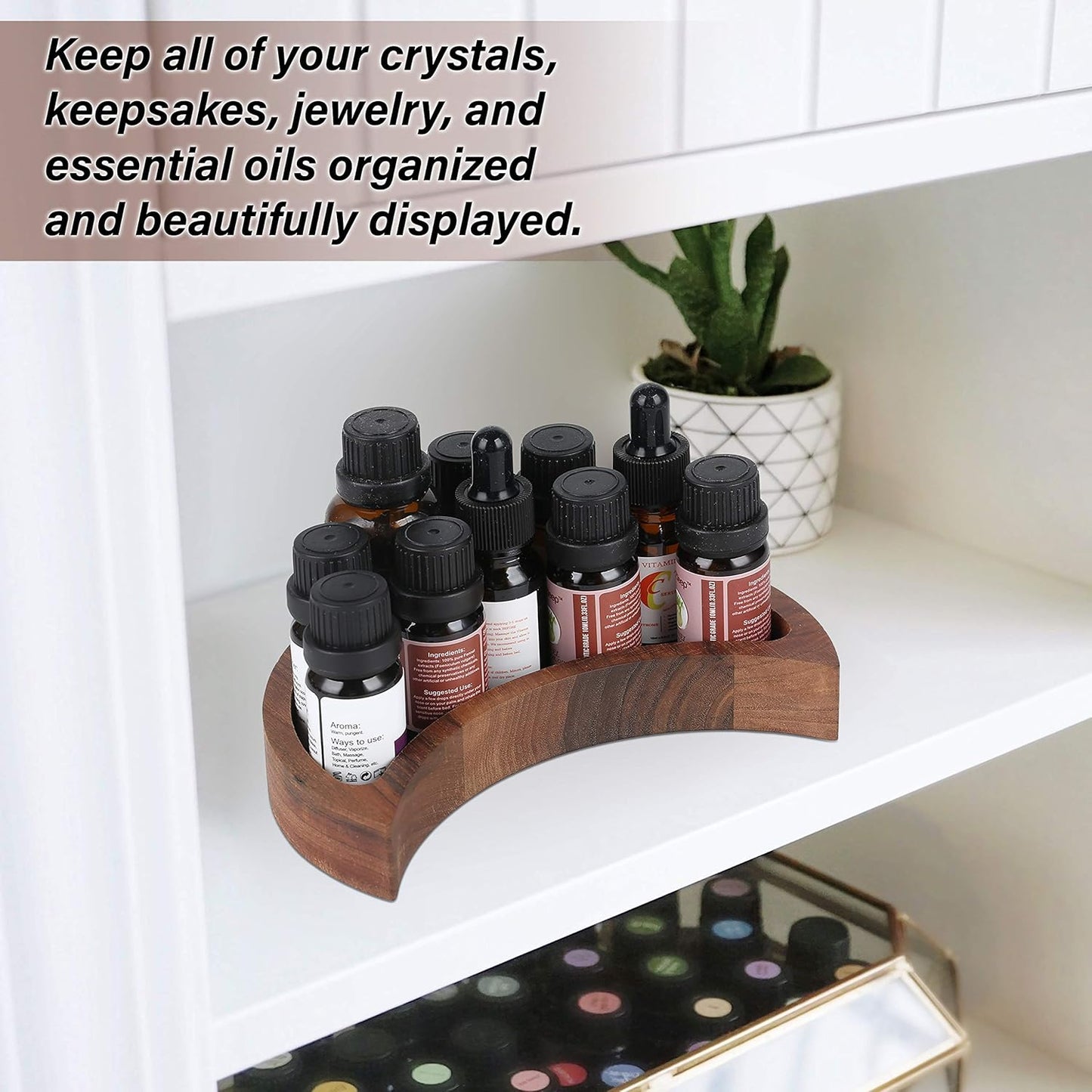 CurawWood Crescent Moon Walnut Tray – Wooden Crystal Display & Charging Dish for Gems (6” x 3”)