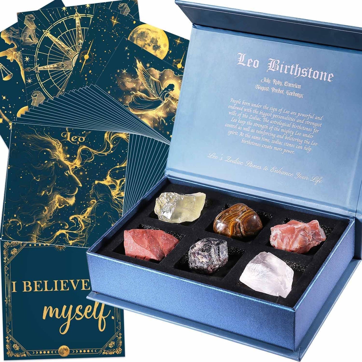 Birthday Crystals Gifts - 6 Zodiac Healing Stones w/ 50 Miracle Mantras Affirmation Cards, Spiritual Gifts for Positive Energy, Self-Care, Love & Wealth