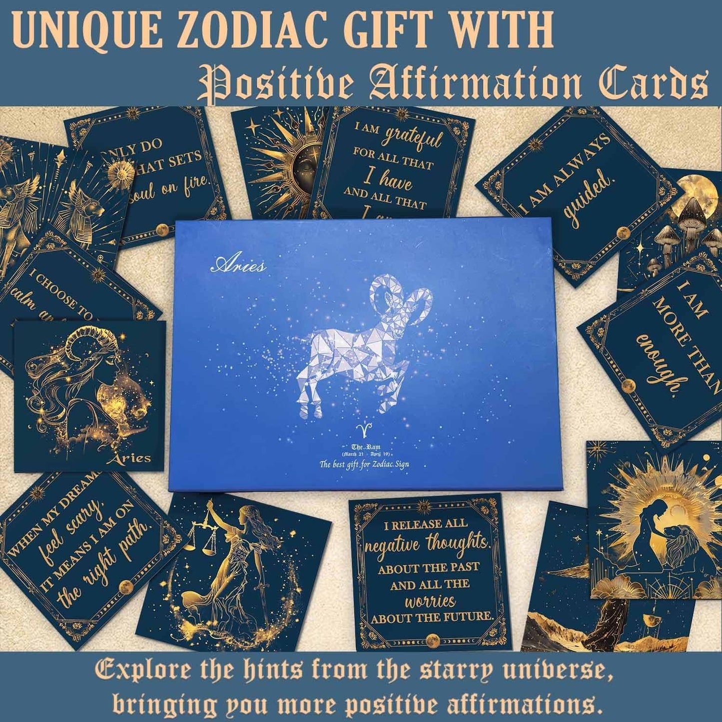 Birthday Crystals Gifts - 6 Zodiac Healing Stones w/ 50 Miracle Mantras Affirmation Cards, Spiritual Gifts for Positive Energy, Self-Care, Love & Wealth