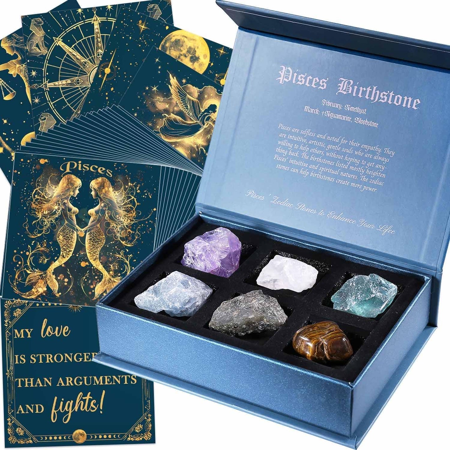 Birthday Crystals Gifts - 6 Zodiac Healing Stones w/ 50 Miracle Mantras Affirmation Cards, Spiritual Gifts for Positive Energy, Self-Care, Love & Wealth