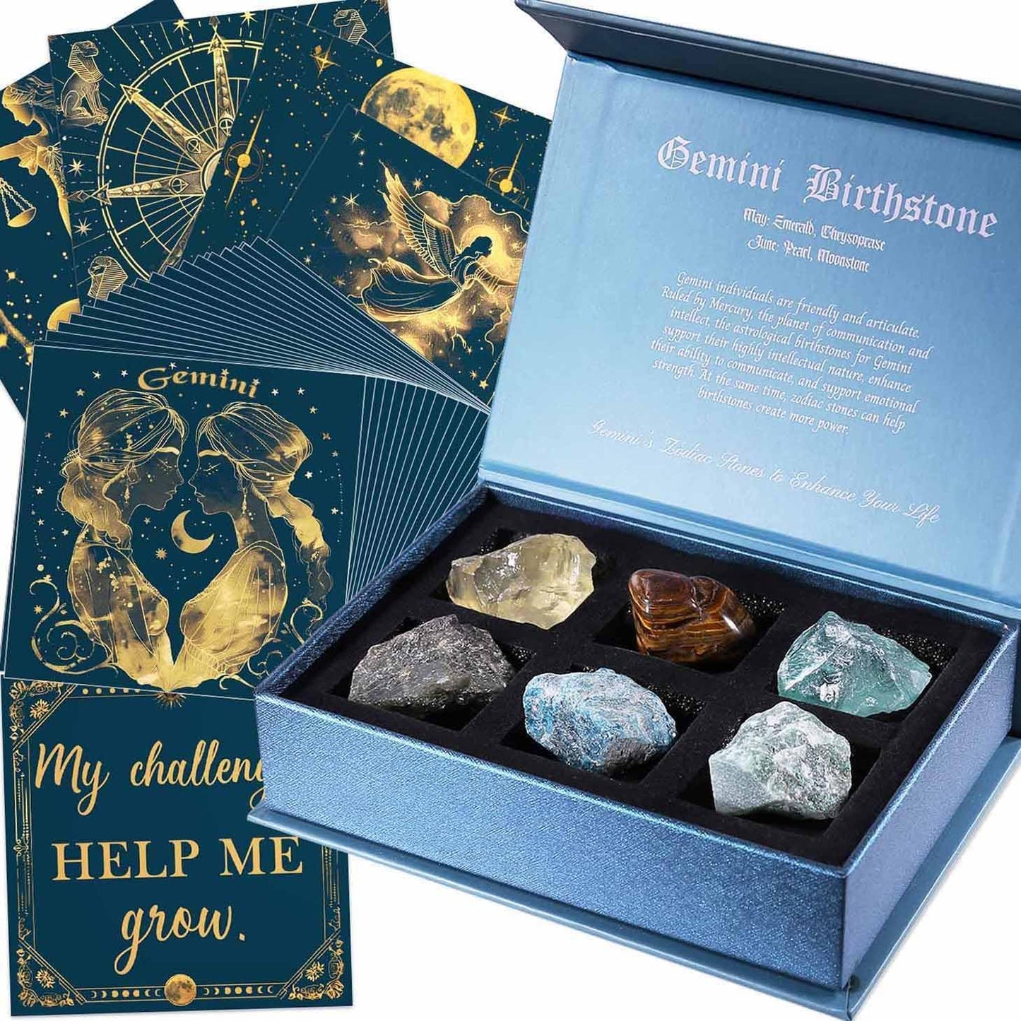 Birthday Crystals Gifts - 6 Zodiac Healing Stones w/ 50 Miracle Mantras Affirmation Cards, Spiritual Gifts for Positive Energy, Self-Care, Love & Wealth