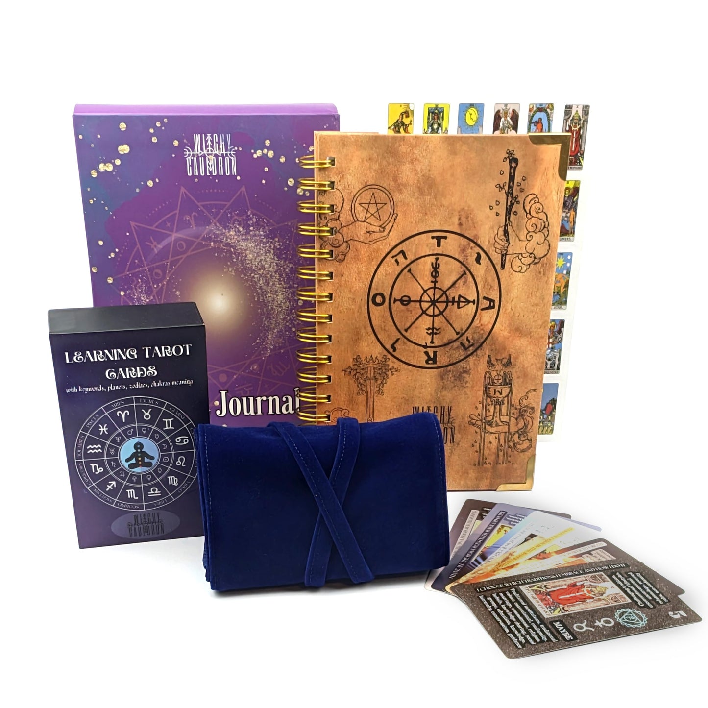 Witchy Cauldron Tarot Learning Set for Beginners: Learning Cards for Beginners, Satin Deck Holder and Journal for with Raider Waite (Blue)