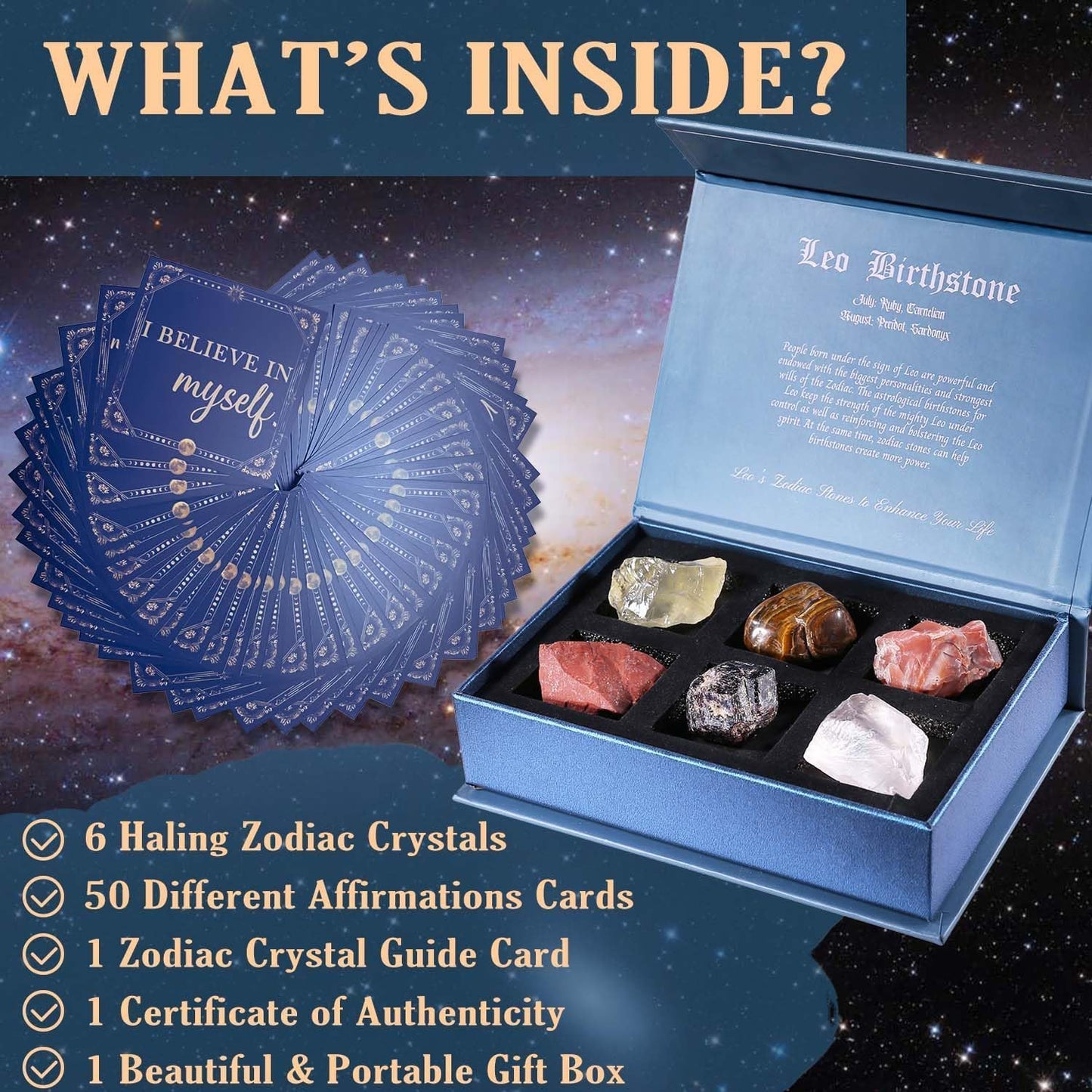 Birthday Crystals Gifts - 6 Zodiac Healing Stones w/ 50 Miracle Mantras Affirmation Cards, Spiritual Gifts for Positive Energy, Self-Care, Love & Wealth