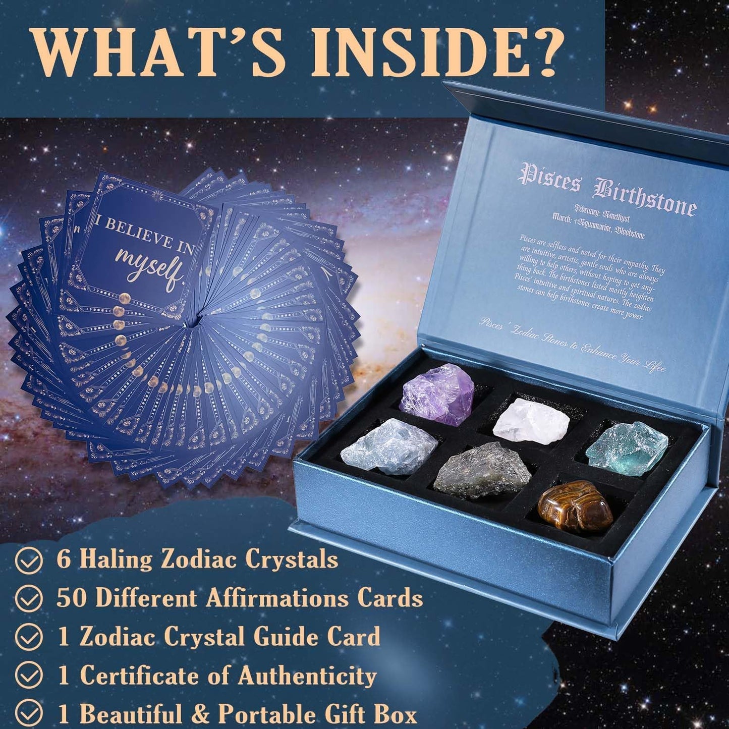 Birthday Crystals Gifts - 6 Zodiac Healing Stones w/ 50 Miracle Mantras Affirmation Cards, Spiritual Gifts for Positive Energy, Self-Care, Love & Wealth