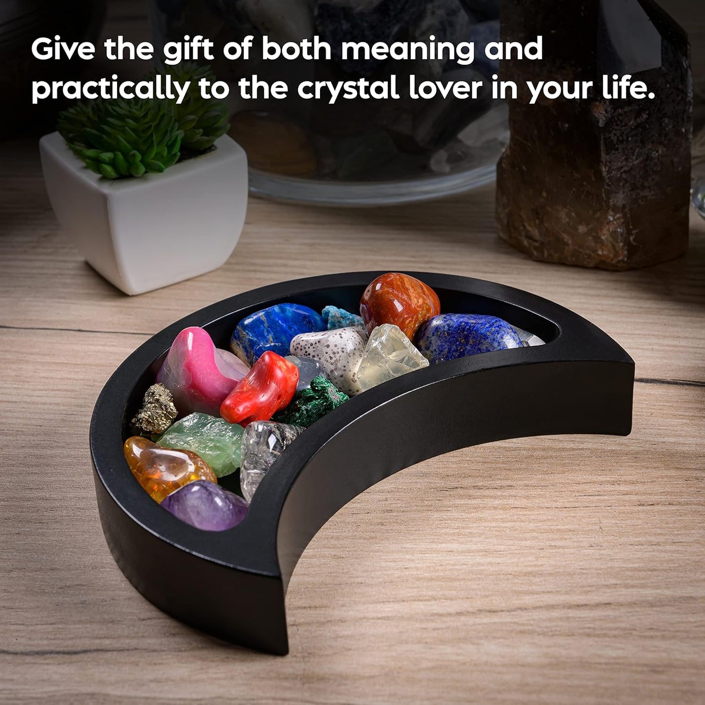 Curawood Crescent Moon Wooden Tray – Crystal Display & Charging Dish for Gems & Healing Stones (6” x 3”)