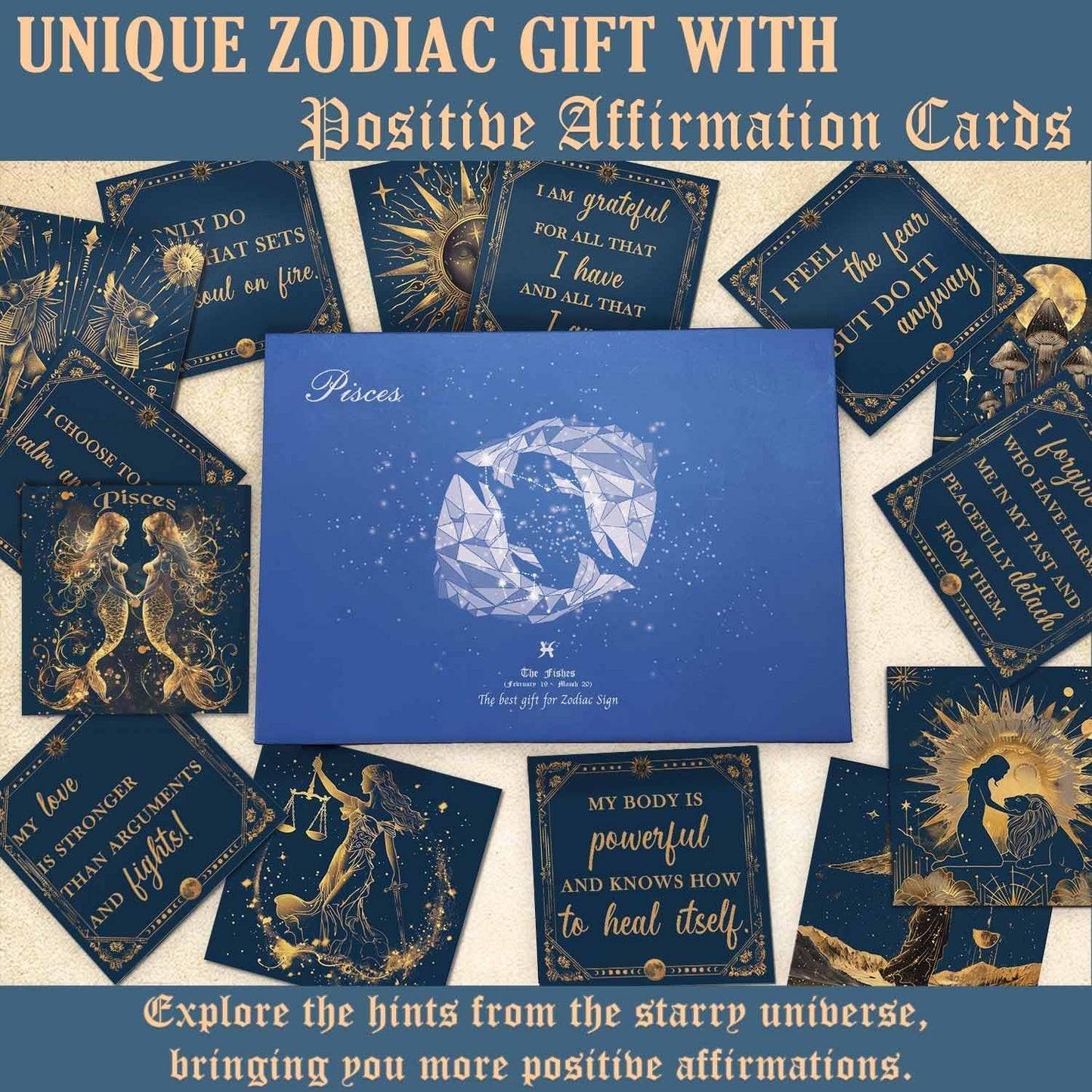 Birthday Crystals Gifts - 6 Zodiac Healing Stones w/ 50 Miracle Mantras Affirmation Cards, Spiritual Gifts for Positive Energy, Self-Care, Love & Wealth