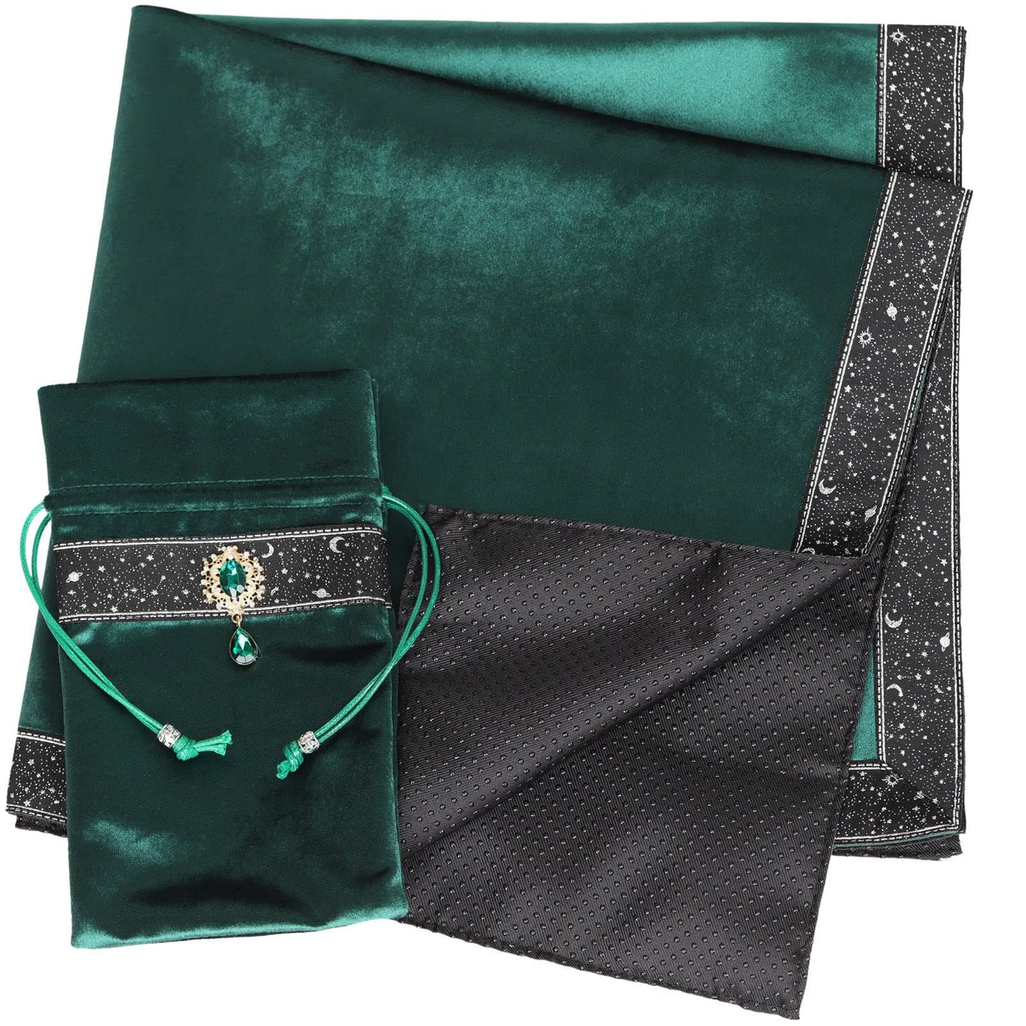 Tarot Cards Bag Divination Tablecloth Star River Lace Thickened Velvet Back Particle Bottom with Tarot Pouch (Green)