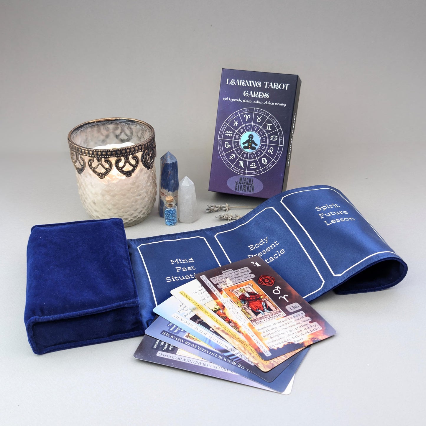 Witchy Cauldron Tarot Learning Set for Beginners: Learning Cards for Beginners, Satin Deck Holder and Journal for with Raider Waite (Blue)