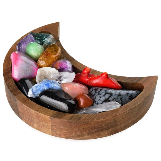 Curawood Crescent Moon Tray - Showcase Your Gems, Healing Stones & Treasures - 6"x3" Wooden Crystal Display Tray, Crystal Holder for Stones Display Shelf, Gemstone Rock Holder Charging Bowl, Walnut, S