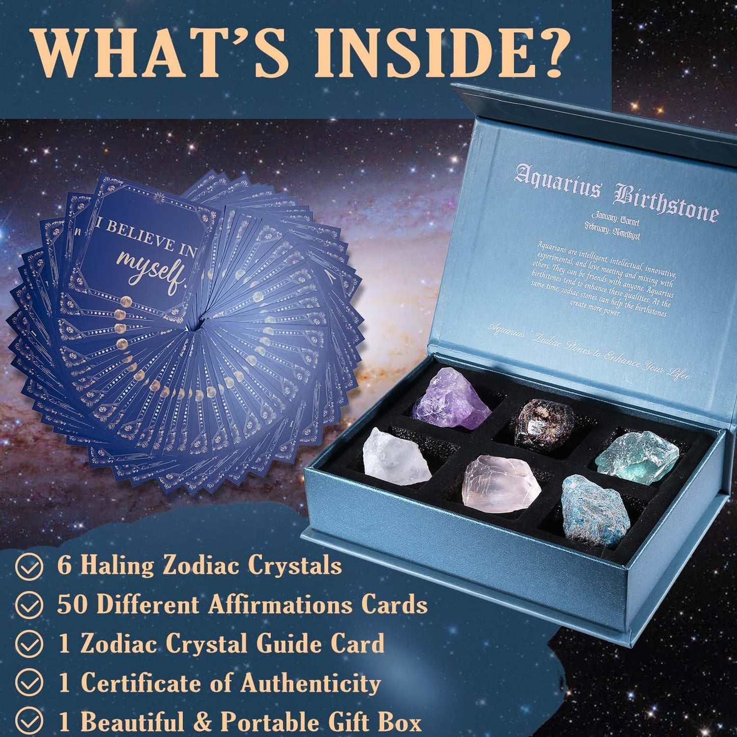 Birthday Crystals Gifts - 6 Zodiac Healing Stones w/ 50 Miracle Mantras Affirmation Cards, Spiritual Gifts for Positive Energy, Self-Care, Love & Wealth
