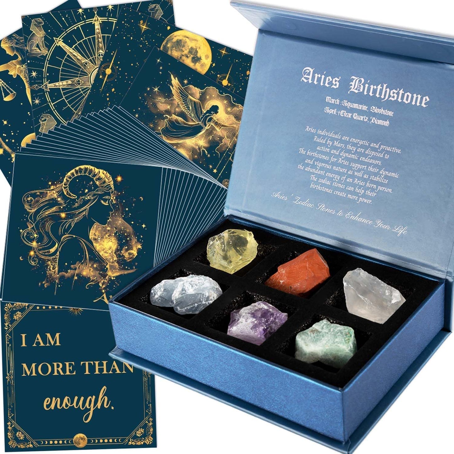 Birthday Crystals Gifts - 6 Zodiac Healing Stones w/ 50 Miracle Mantras Affirmation Cards, Spiritual Gifts for Positive Energy, Self-Care, Love & Wealth