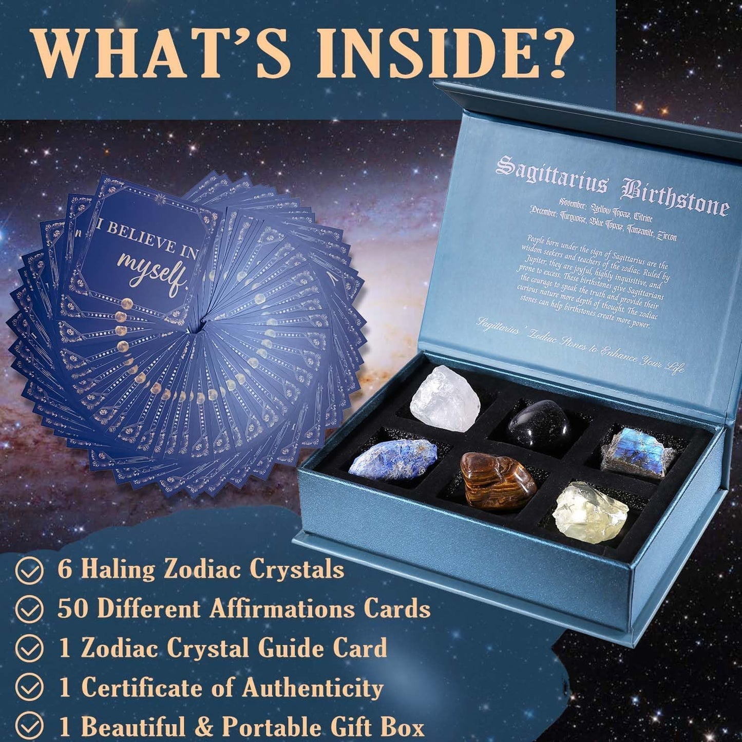 Birthday Crystals Gifts - 6 Zodiac Healing Stones w/ 50 Miracle Mantras Affirmation Cards, Spiritual Gifts for Positive Energy, Self-Care, Love & Wealth