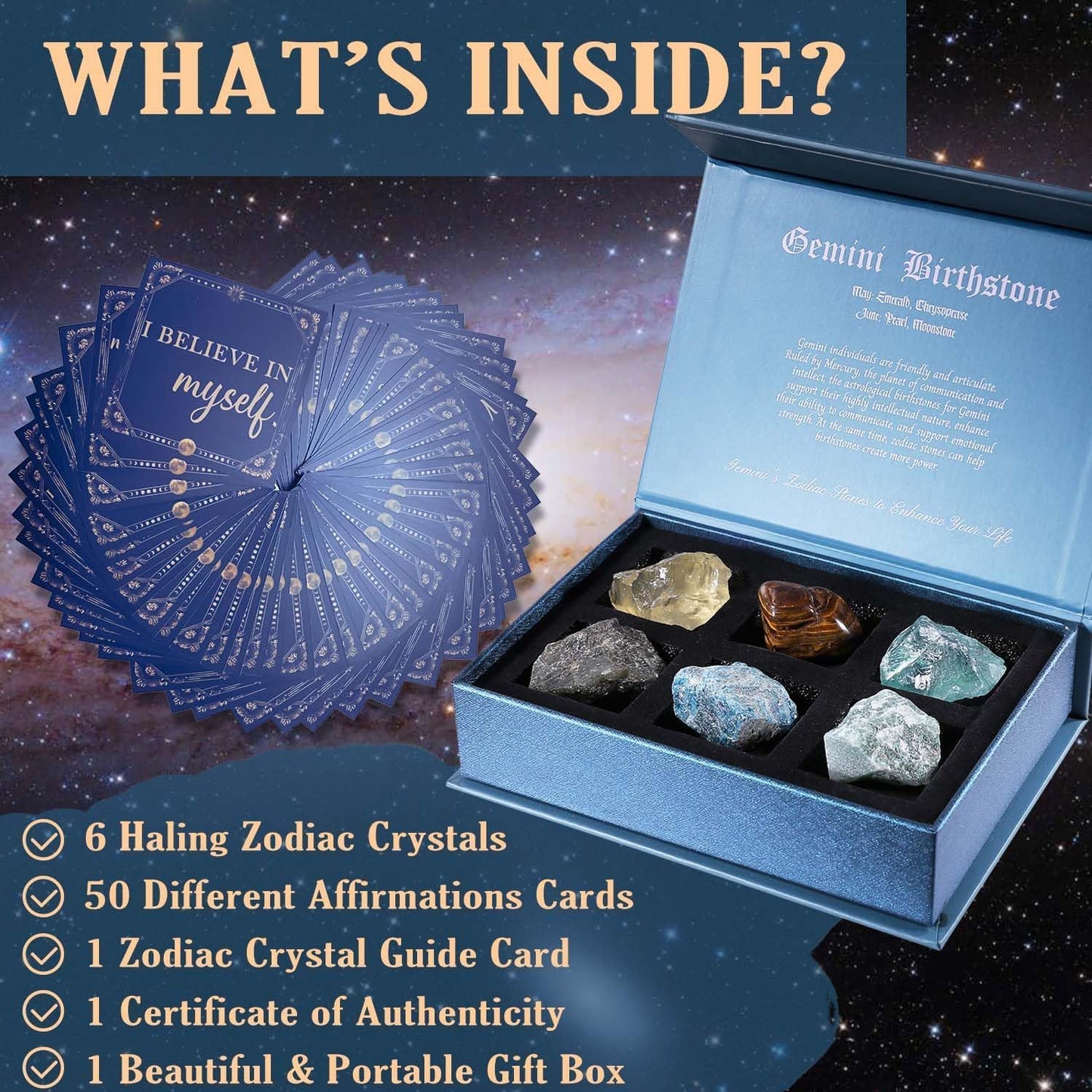 Birthday Crystals Gifts - 6 Zodiac Healing Stones w/ 50 Miracle Mantras Affirmation Cards, Spiritual Gifts for Positive Energy, Self-Care, Love & Wealth