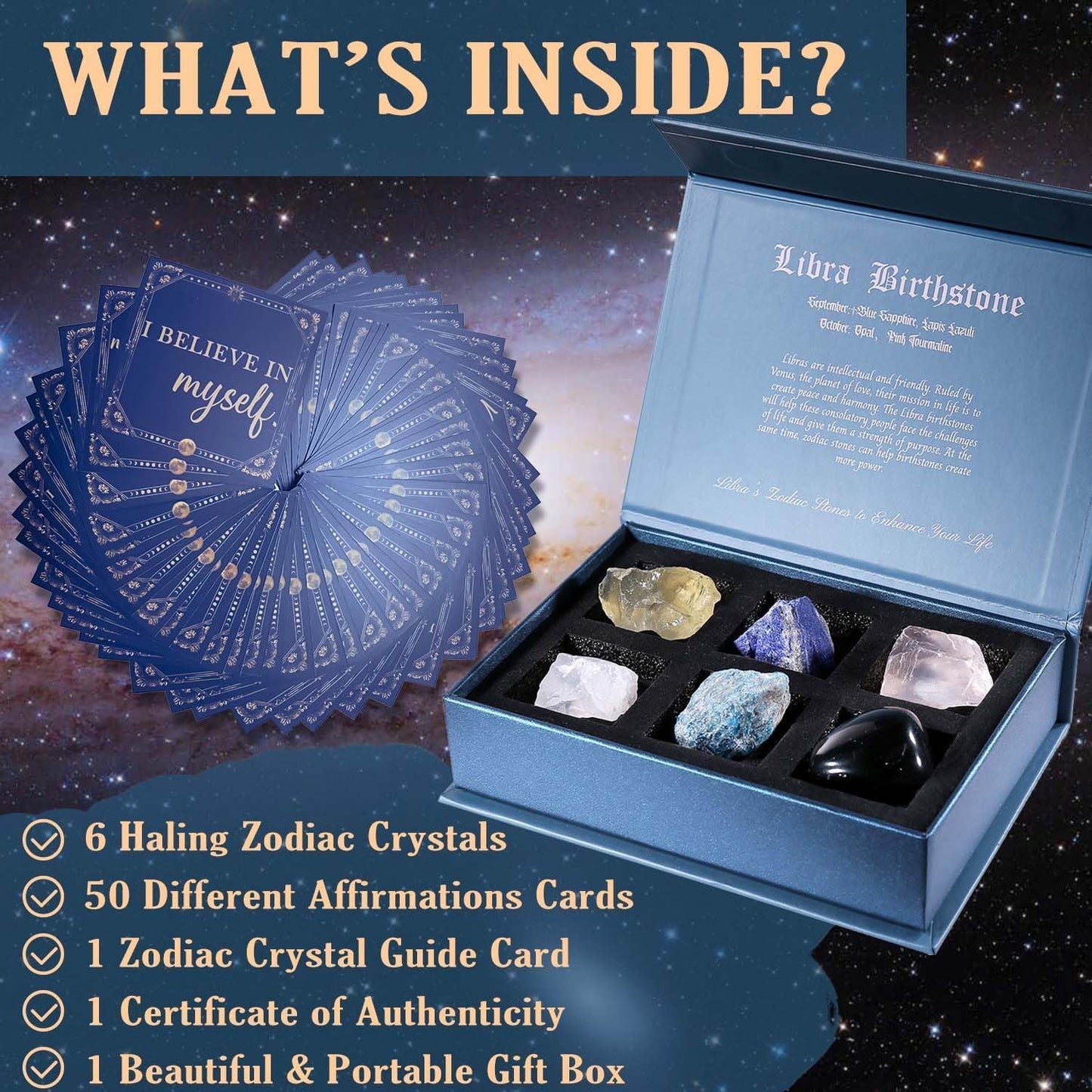 Birthday Crystals Gifts - 6 Zodiac Healing Stones w/ 50 Miracle Mantras Affirmation Cards, Spiritual Gifts for Positive Energy, Self-Care, Love & Wealth