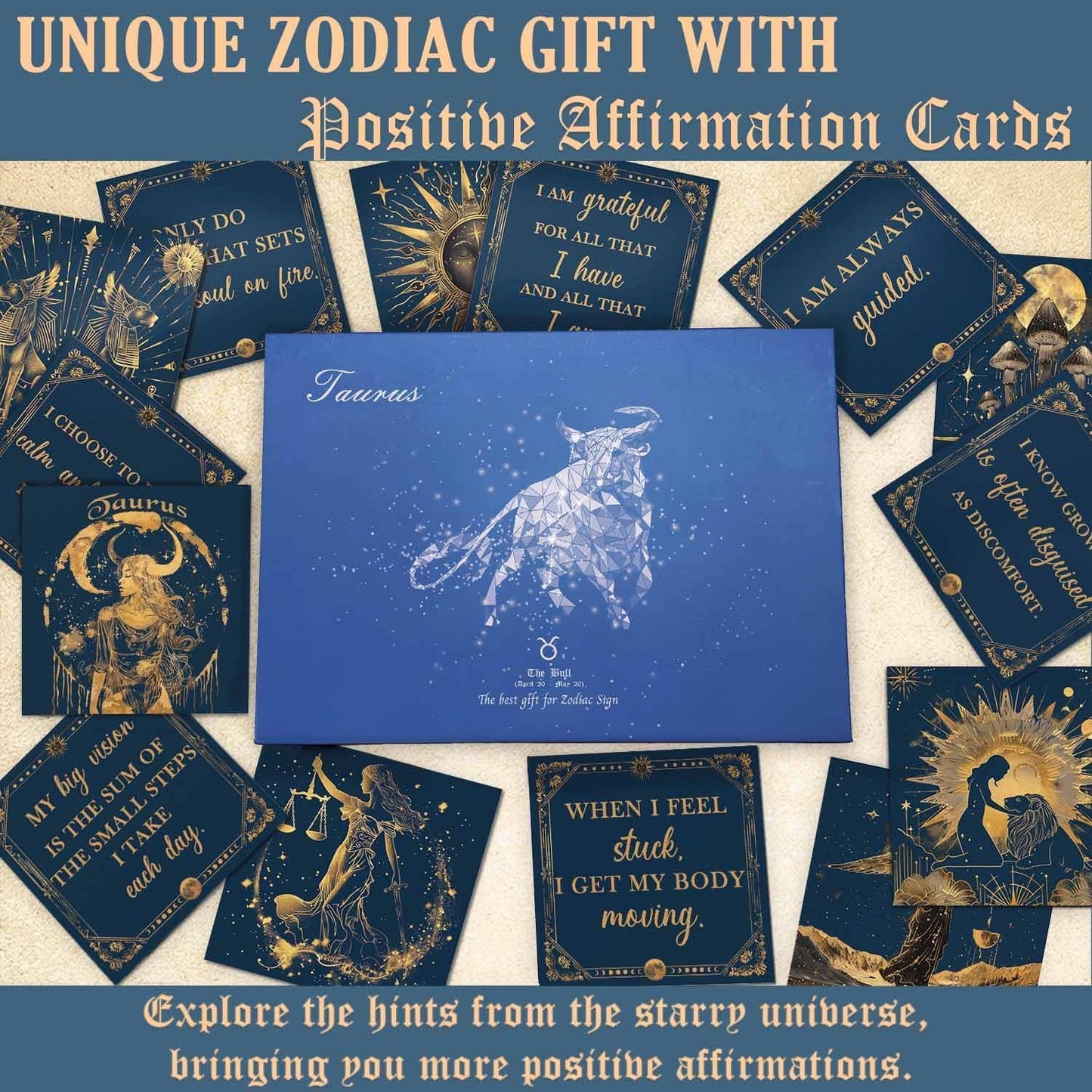 Birthday Crystals Gifts - 6 Zodiac Healing Stones w/ 50 Miracle Mantras Affirmation Cards, Spiritual Gifts for Positive Energy, Self-Care, Love & Wealth