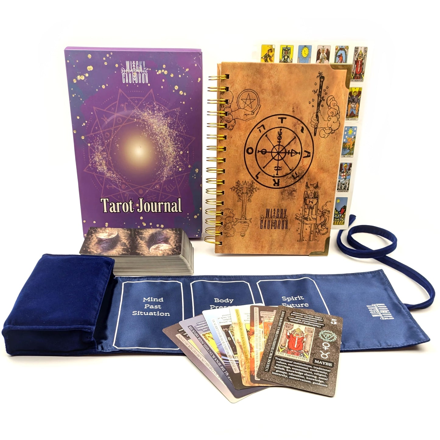 Witchy Cauldron Tarot Learning Set for Beginners: Learning Cards for Beginners, Satin Deck Holder and Journal for with Raider Waite (Blue)