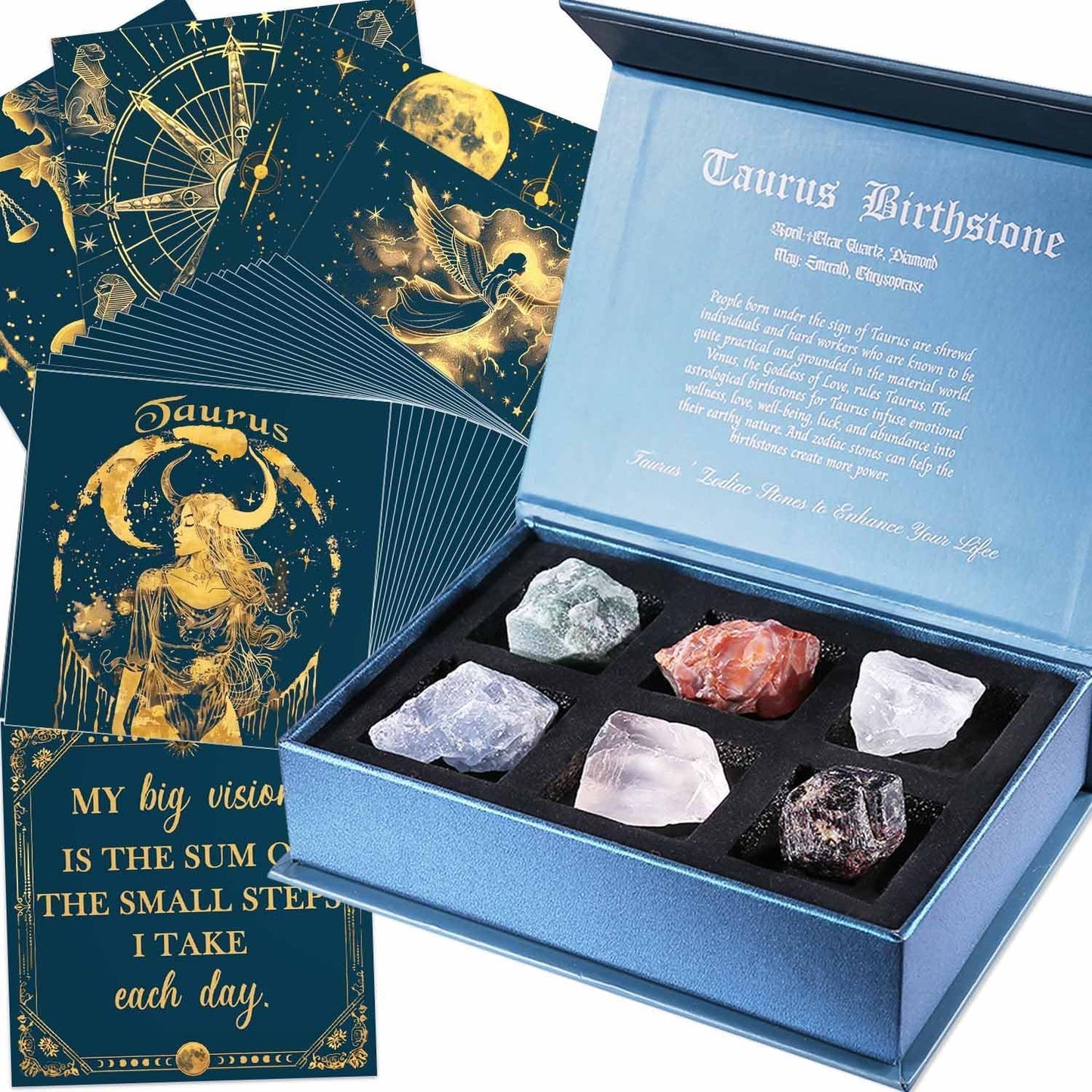 Birthday Crystals Gifts - 6 Zodiac Healing Stones w/ 50 Miracle Mantras Affirmation Cards, Spiritual Gifts for Positive Energy, Self-Care, Love & Wealth