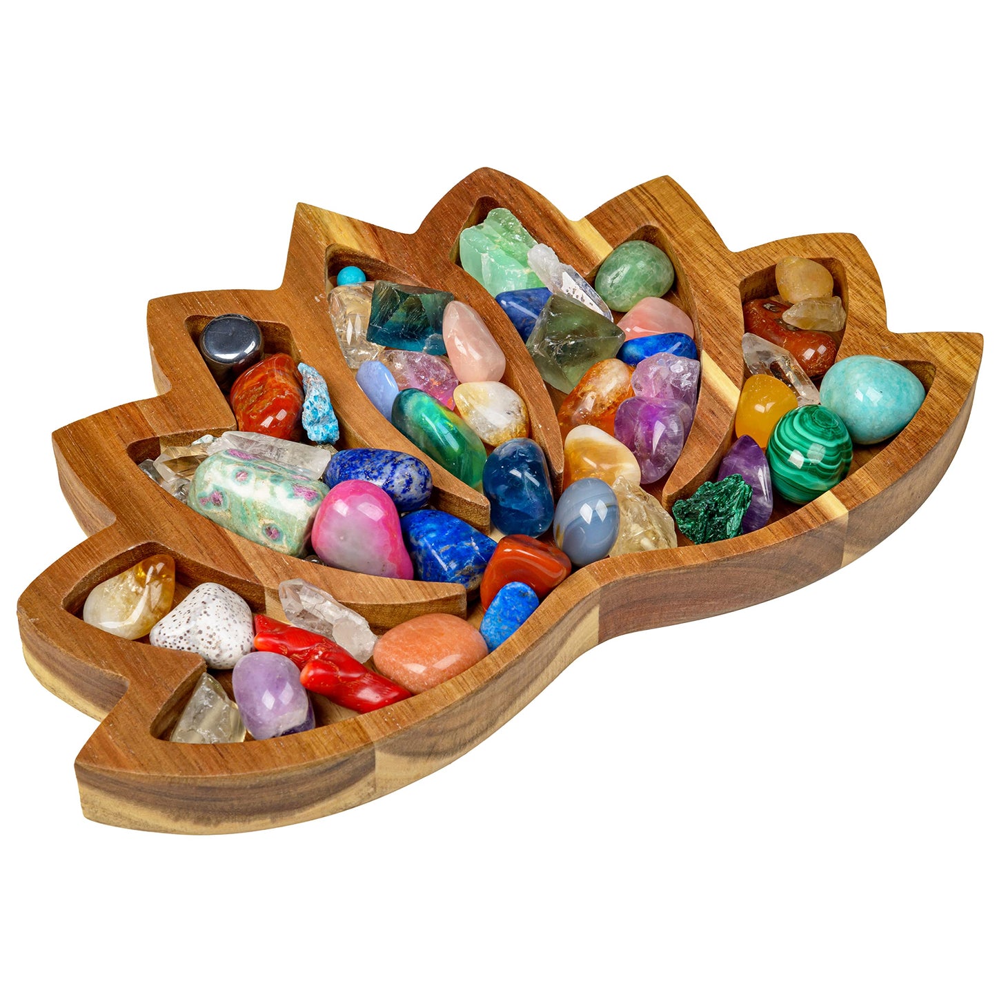 Curawood Lotus Crystal Display Tray – Wooden Charging Bowl for Gems & Healing Stones (11” x 7” Horizon)