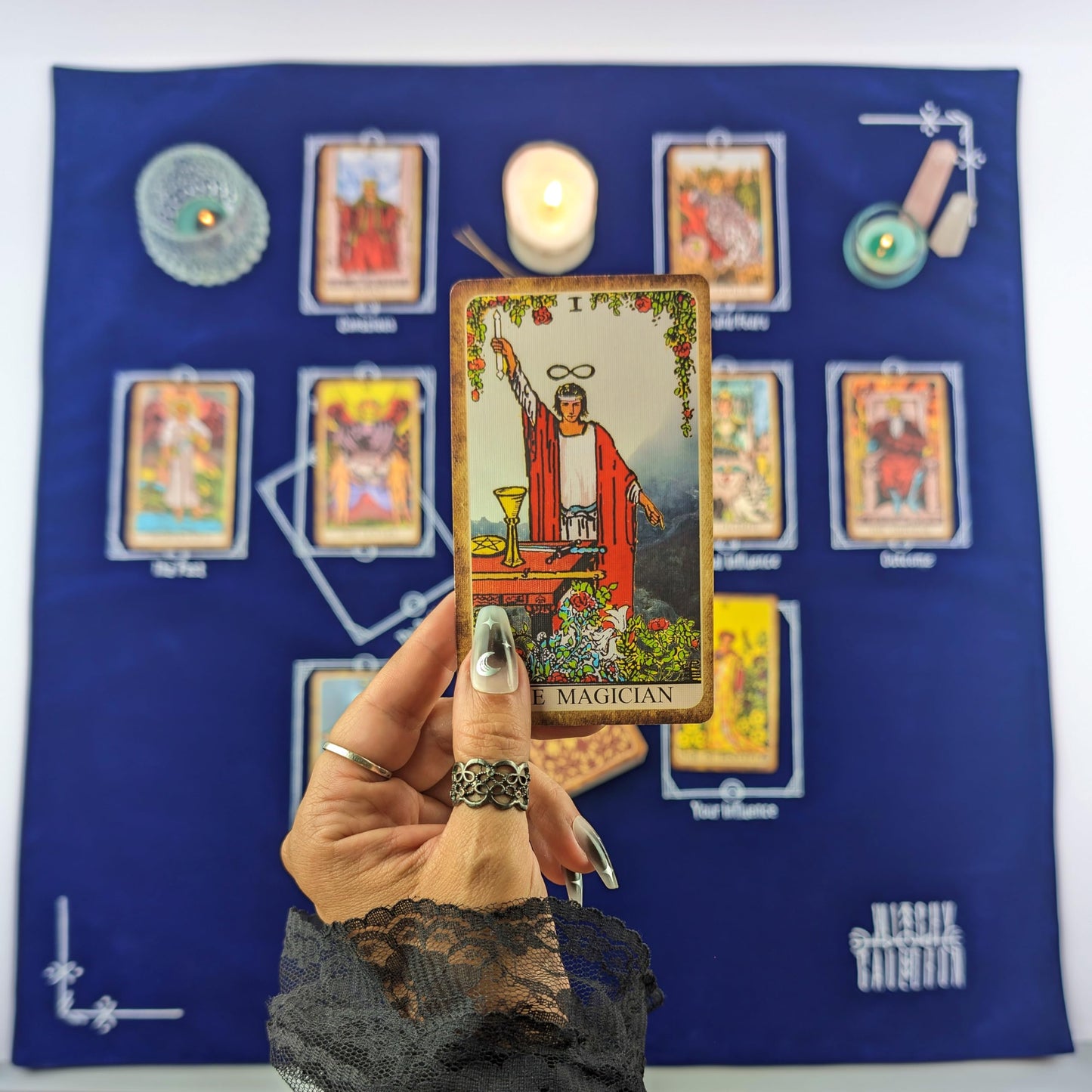 Tarot Cloth for Reading - Embroidered Velvet Altar Cloth with Celtic Cross Spread Guide, 10 Numbered Card Positions, 27x27 Inch Divination Table Cloth, Witchy Tarot Mat for Beginners & Readers (Black)