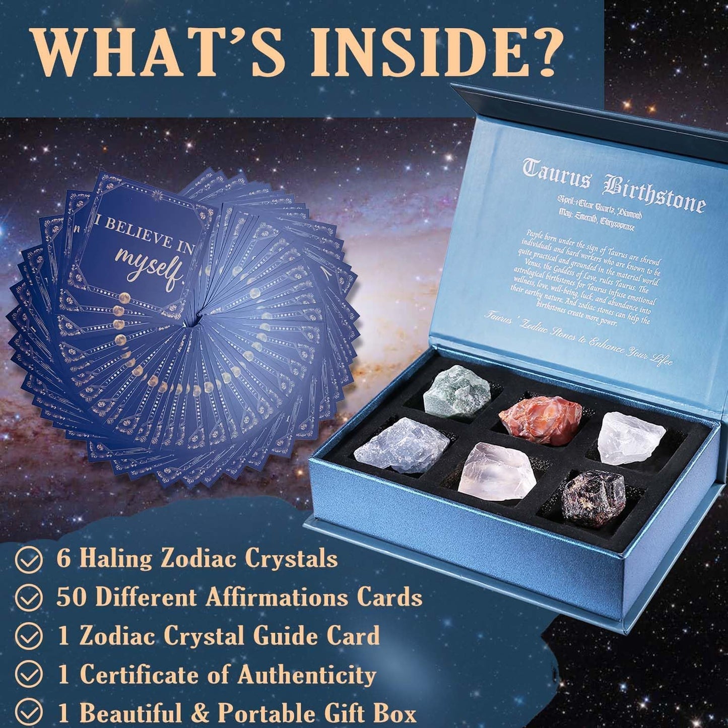 Birthday Crystals Gifts - 6 Zodiac Healing Stones w/ 50 Miracle Mantras Affirmation Cards, Spiritual Gifts for Positive Energy, Self-Care, Love & Wealth