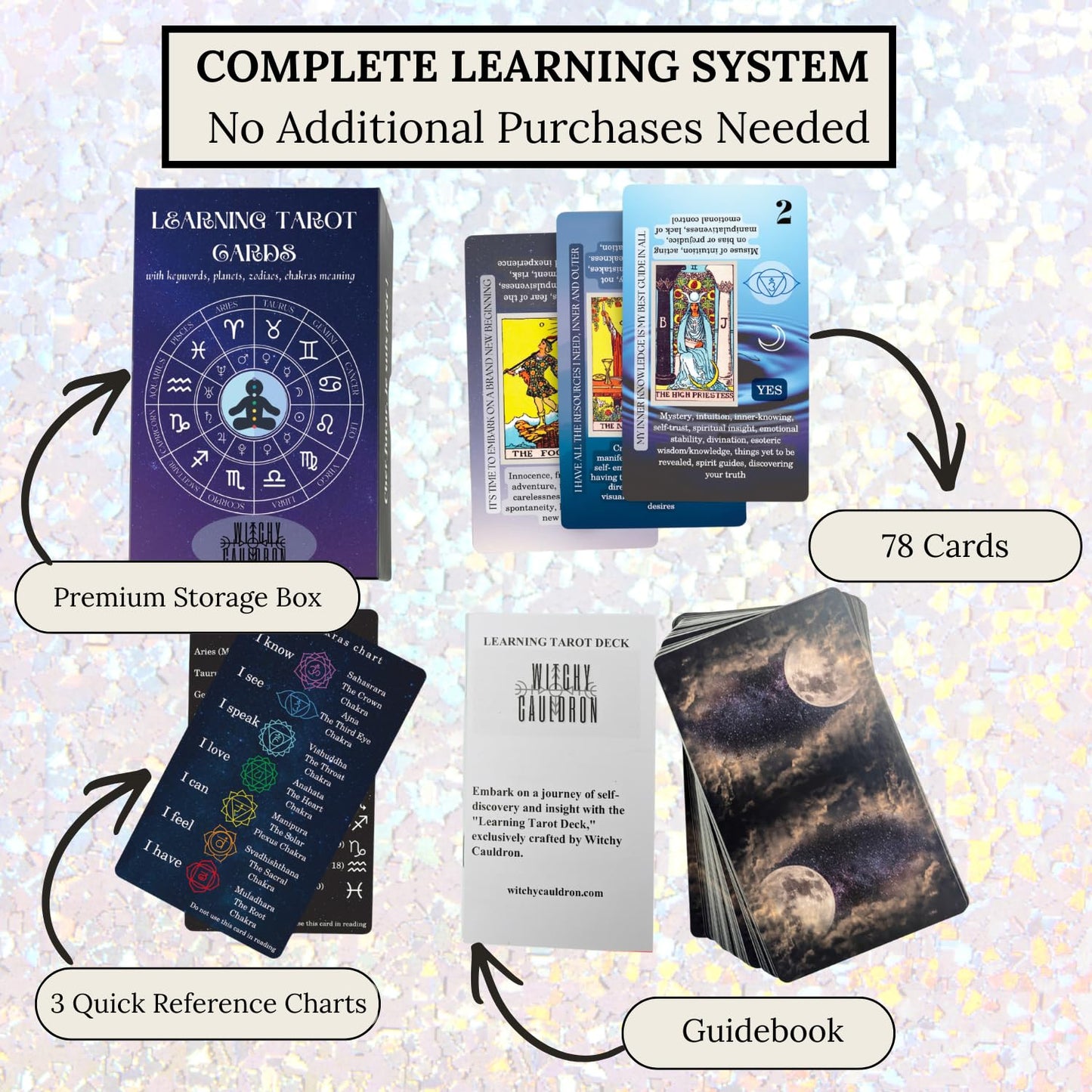 Witchy Cauldron Tarot Cards for Beginners with Meanings on Each Card — 78 Card Learning Tarot Deck with Guidebook, Reversed Meanings, Chakra, Zodiac & Planetary Symbols | Rider-Waite Style (English)