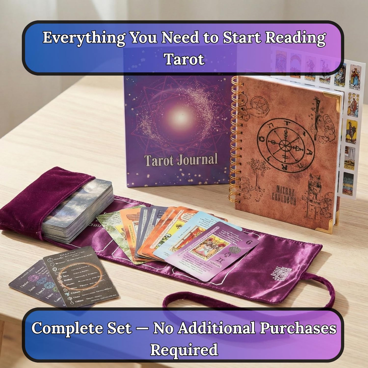 Witchy Cauldron Tarot Learning Set for Beginners: Learning Cards for Beginners, Satin Deck Holder and Journal for with Raider Waite (Blue)