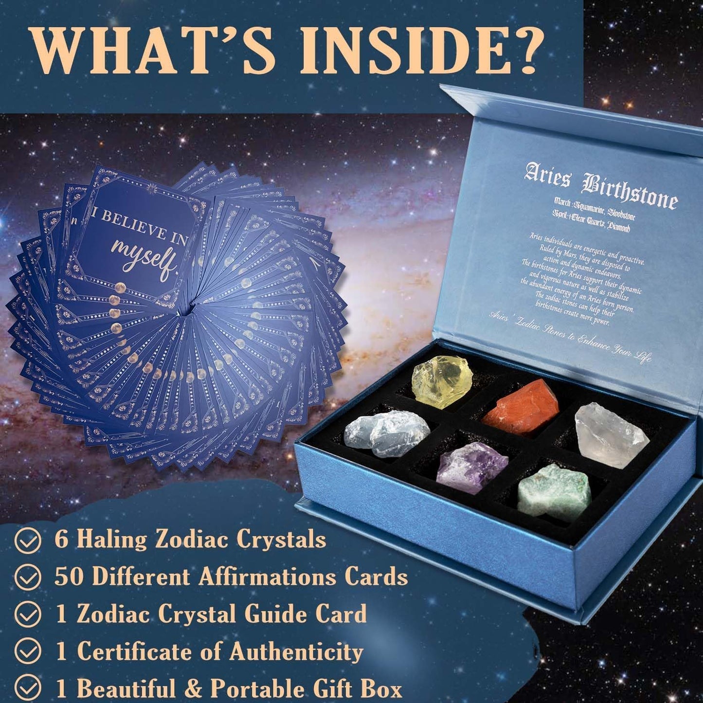 Birthday Crystals Gifts - 6 Zodiac Healing Stones w/ 50 Miracle Mantras Affirmation Cards, Spiritual Gifts for Positive Energy, Self-Care, Love & Wealth